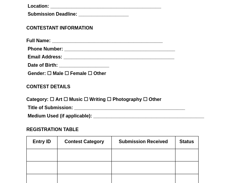 FREE 56 Contest Registration Form Samples PDF MS Word Google Docs Excel