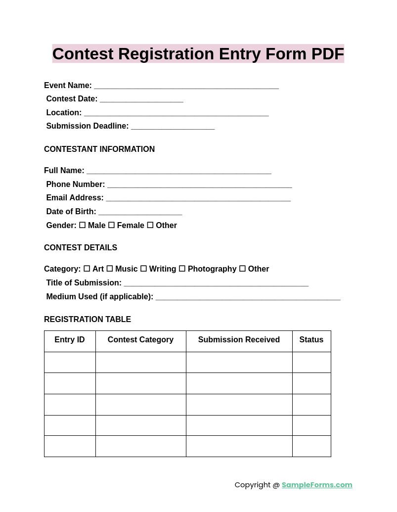 FREE 56 Contest Registration Form Samples PDF MS Word Google Docs Excel