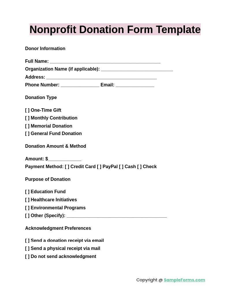 FREE 8 Nonprofit Donation Form Samples PDF MS Word Google Docs