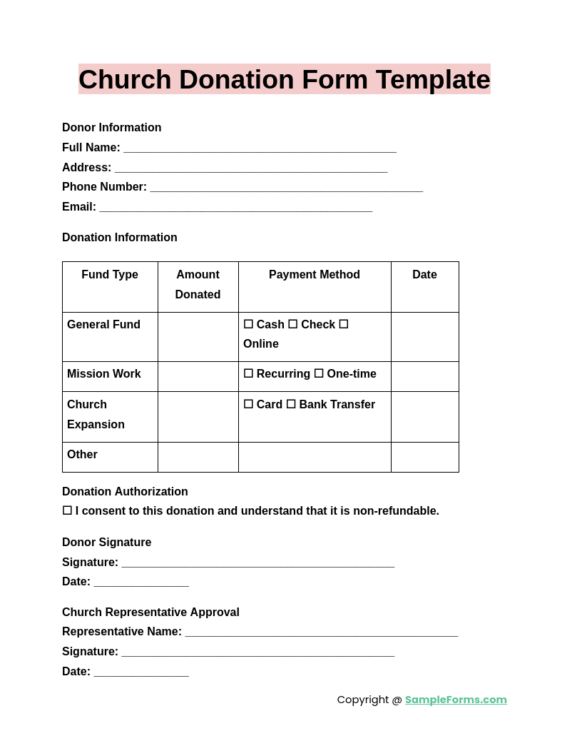 FREE 9 Church Donation Form Samples PDF MS Word Google Docs Excel