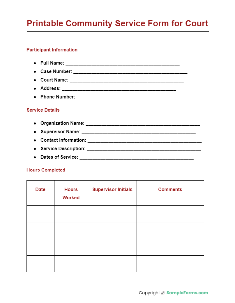 FREE 9 Community Service Form For Court Samples PDF MS Word Google Docs