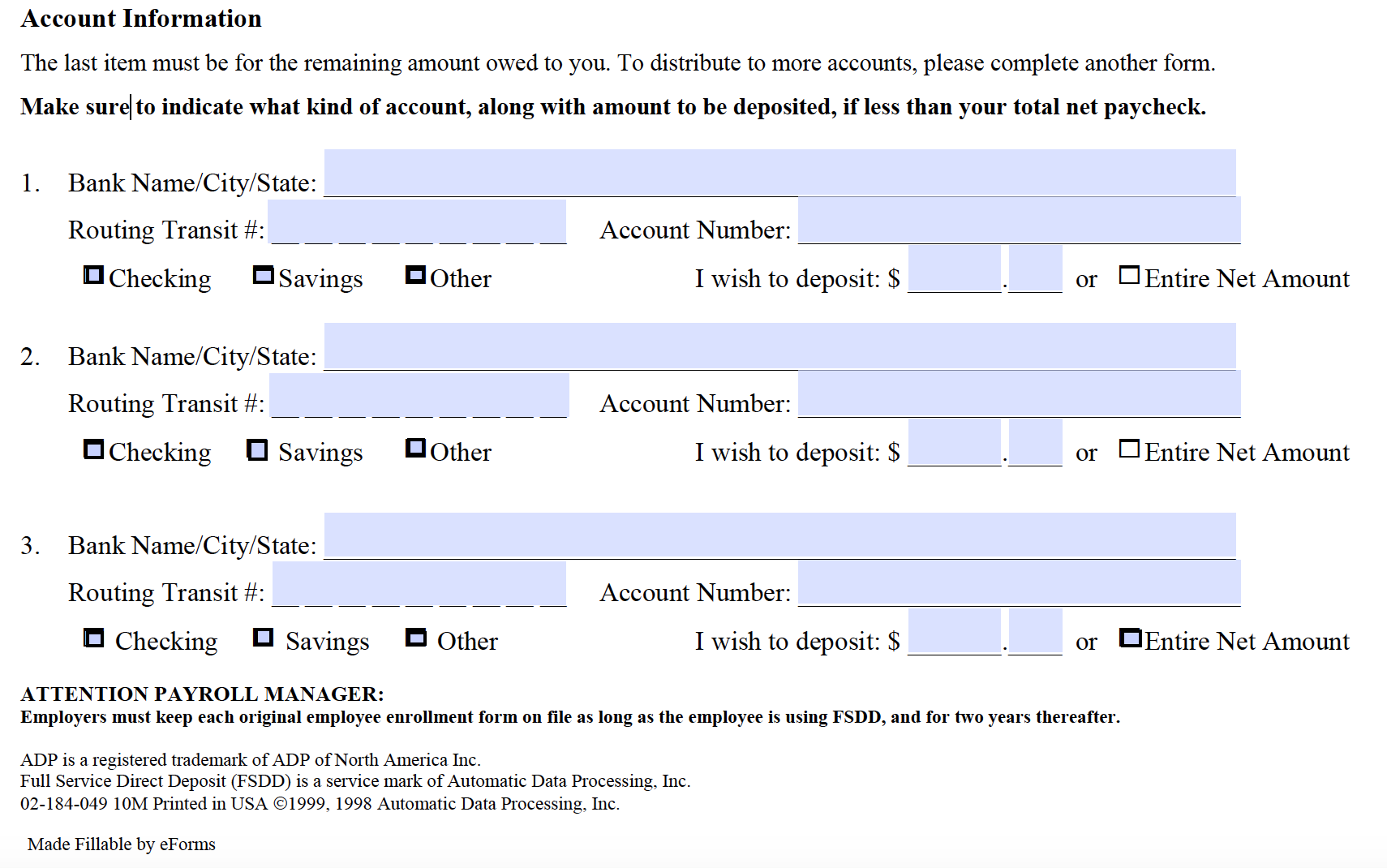 Free ADP Direct Deposit Authorization Form PDF EForms