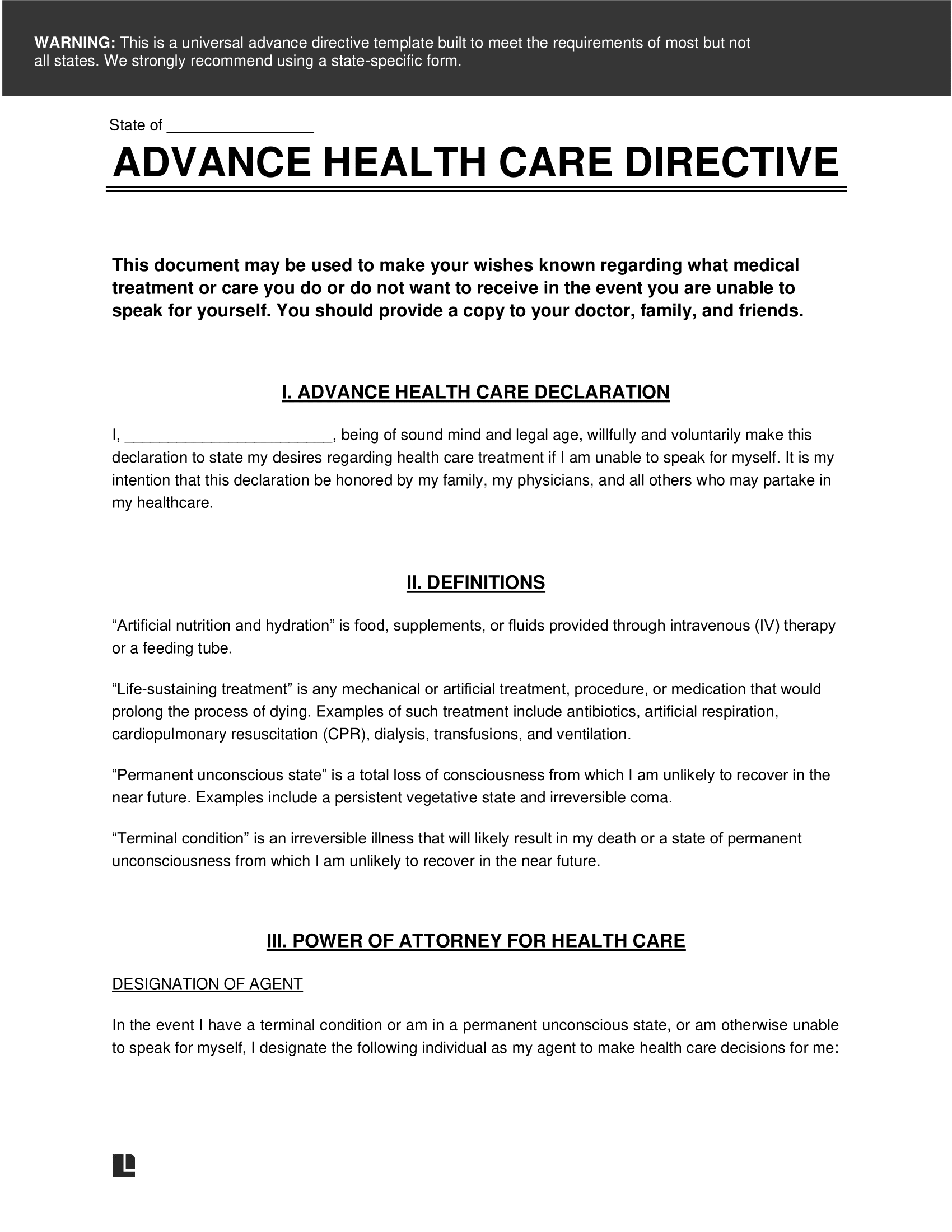 Free Advance Directive Form Living Will U0026 MPOA PDF U0026 Word