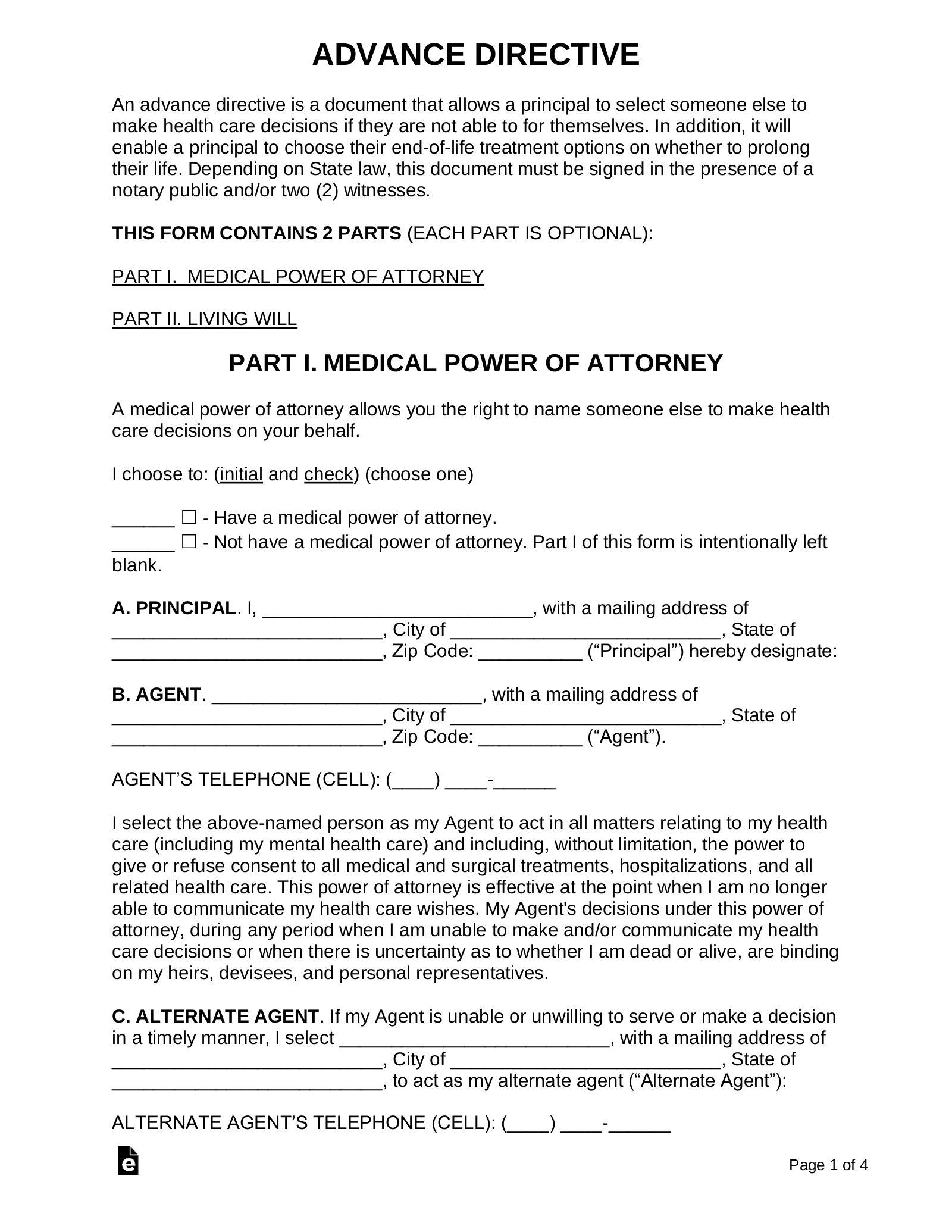 Free Advance Directive Form Medical POA Living Will PDF Word EForms