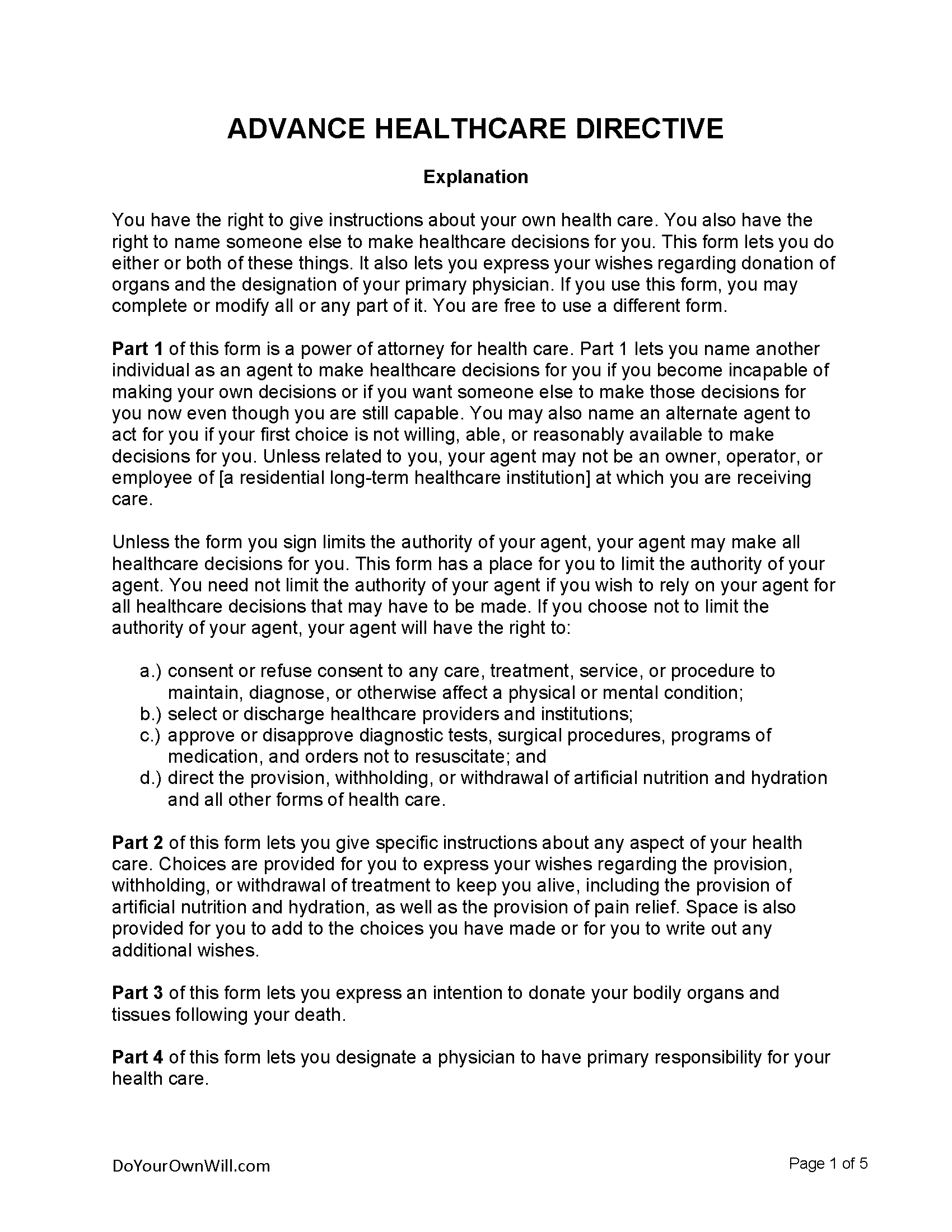 Free Advance Directive Form PDF WORD ODT