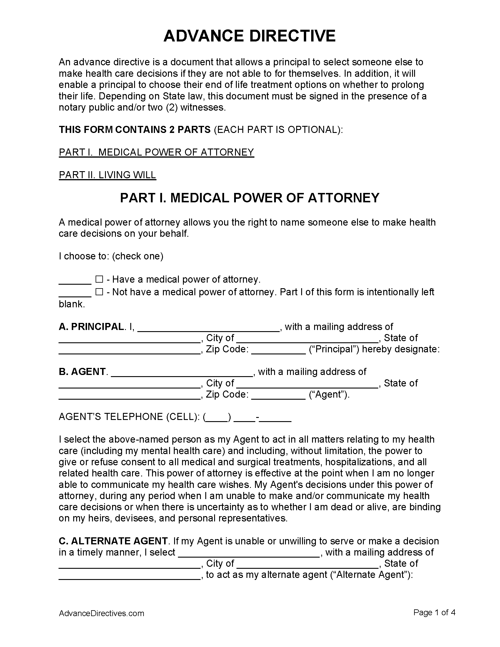 Free Advance Directive Forms 50 States PDF WORD