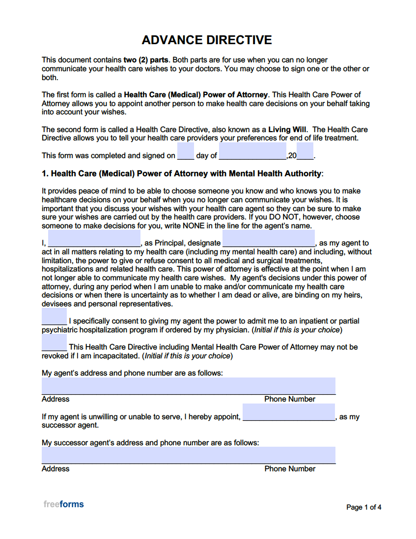 Free Advance Directive Forms Medical Power Of Attorney U0026 Living Will PDF Word