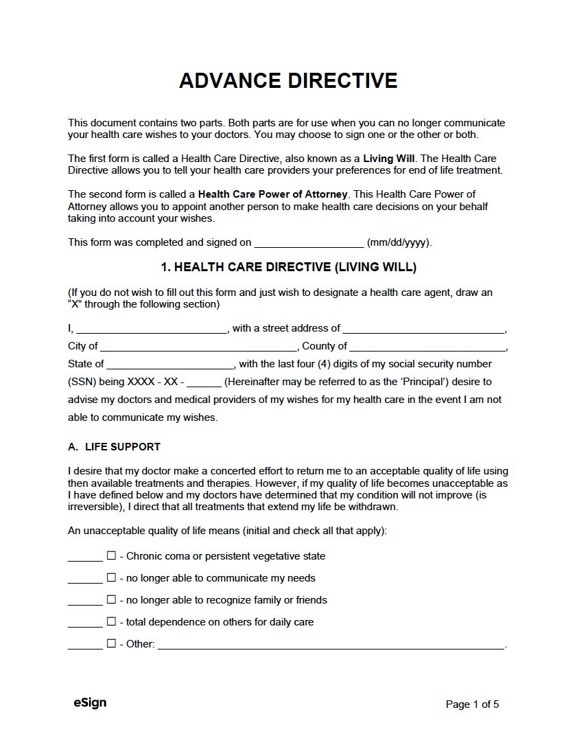 Free Advance Directive Forms PDF Word