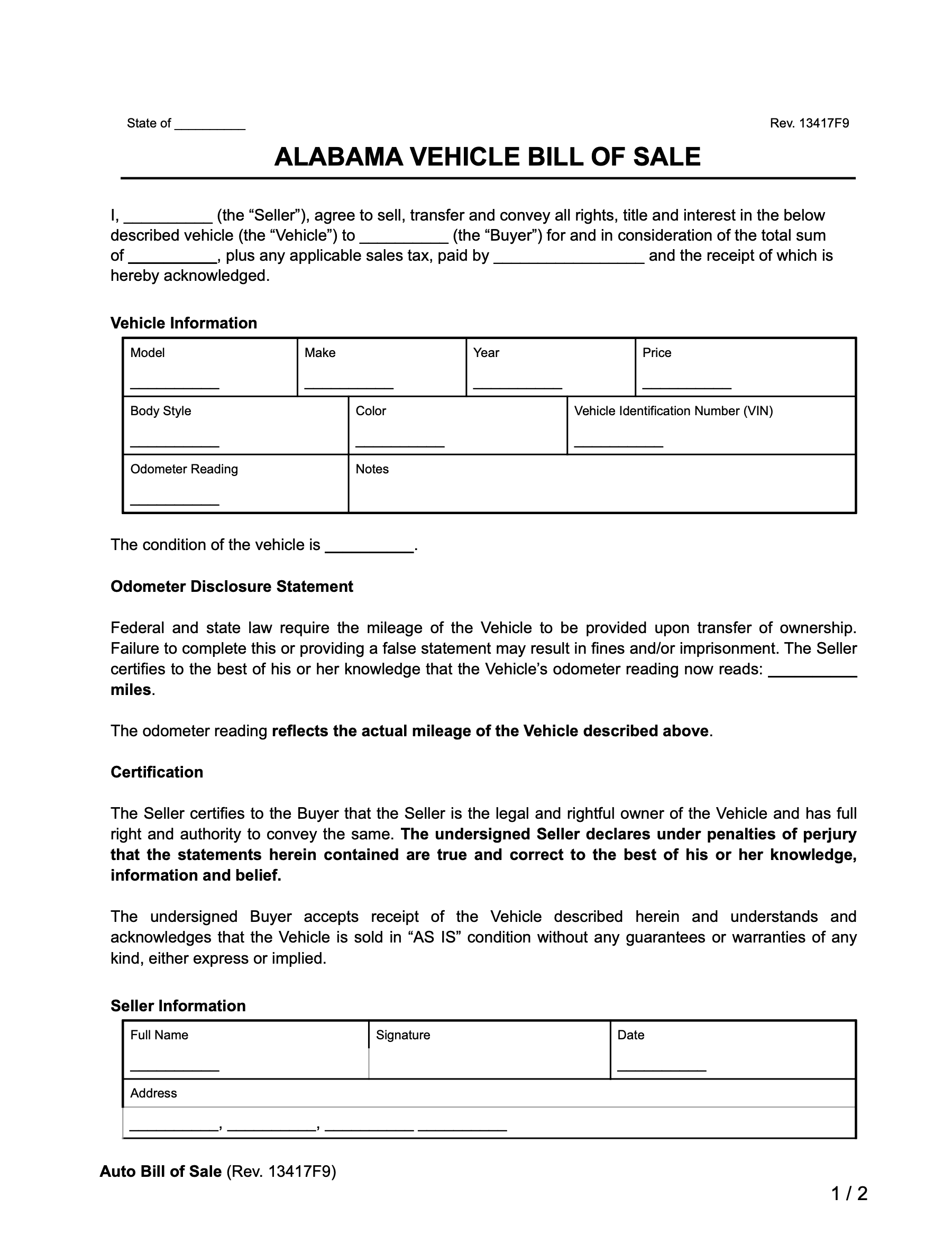 Free Alabama Motor Vehicle Bill Of Sale Form PDF U0026 Word