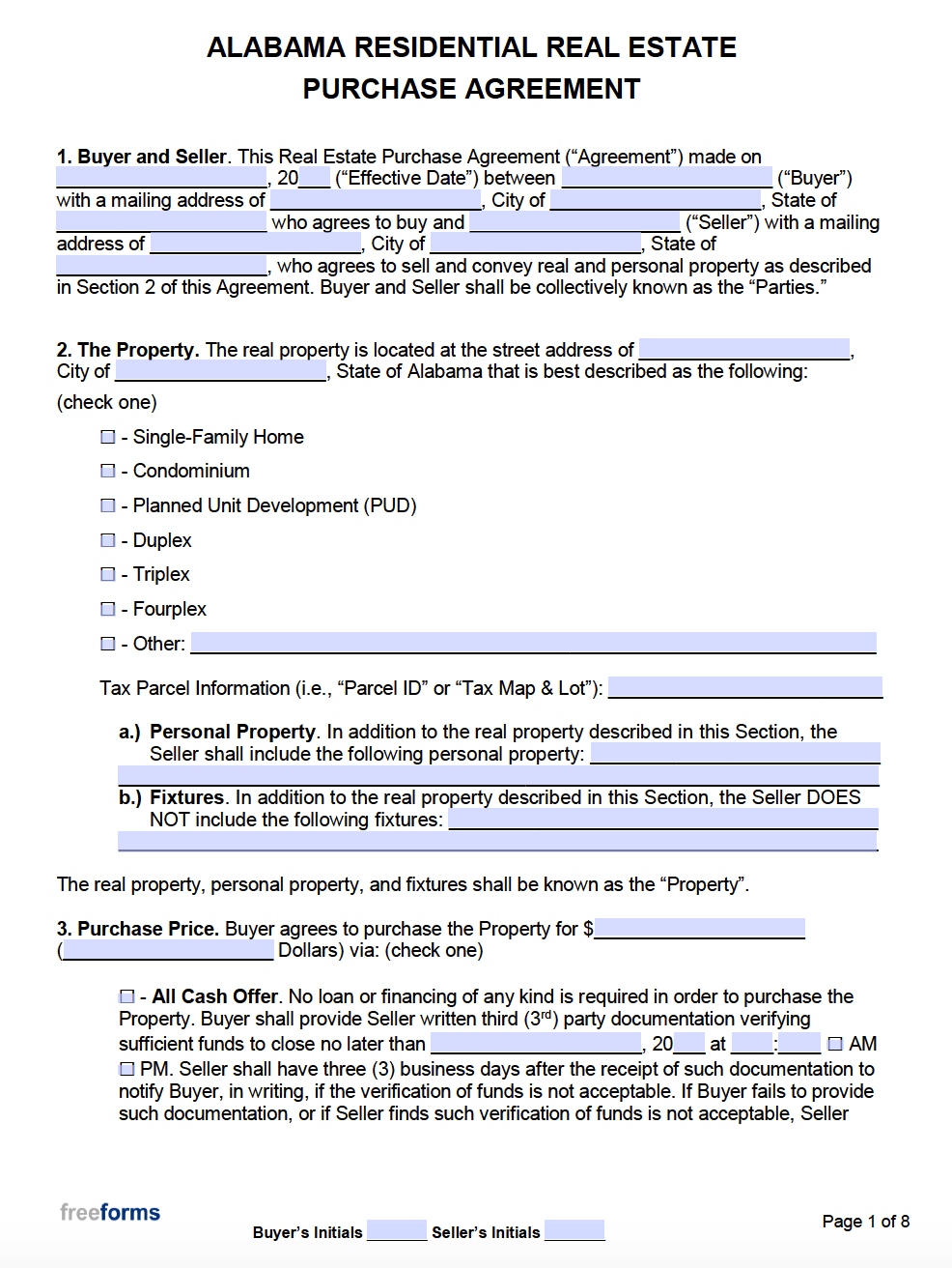 Free Alabama Real Estate Purchase Agreement Template PDF Word