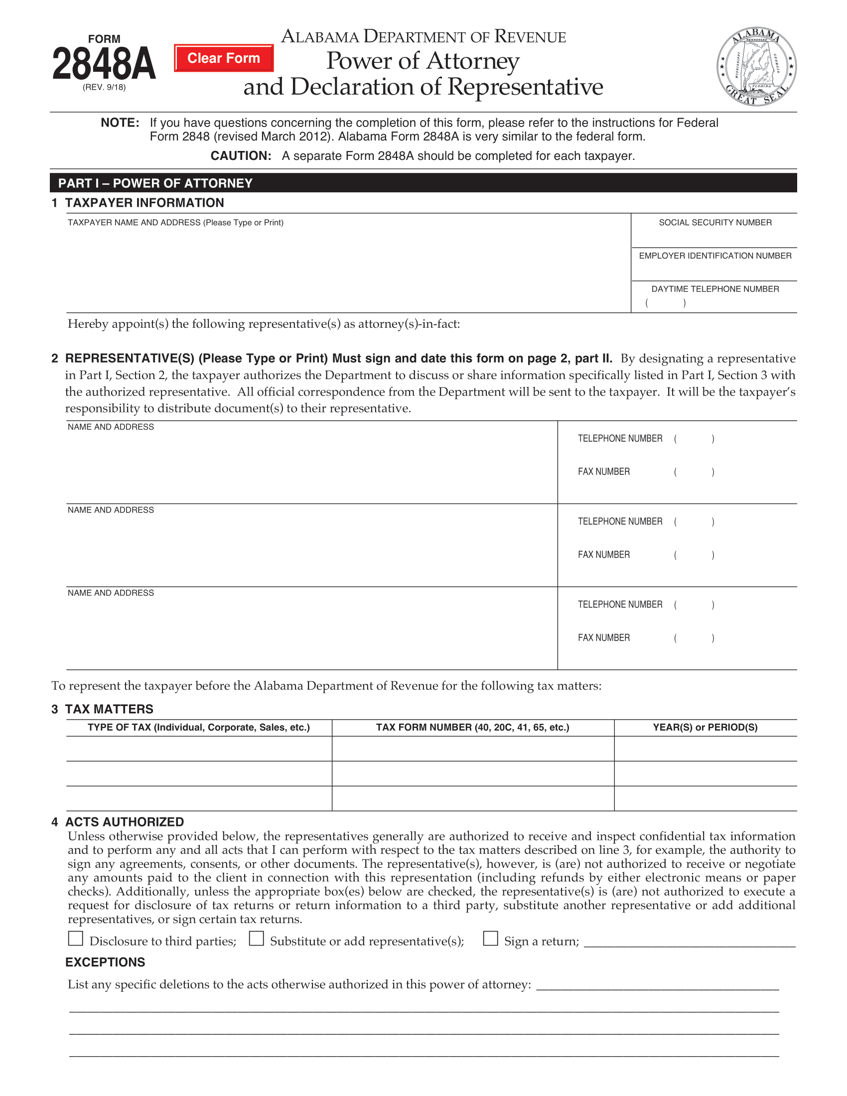 Free Alabama Tax Power Of Attorney Form 2848A PDF