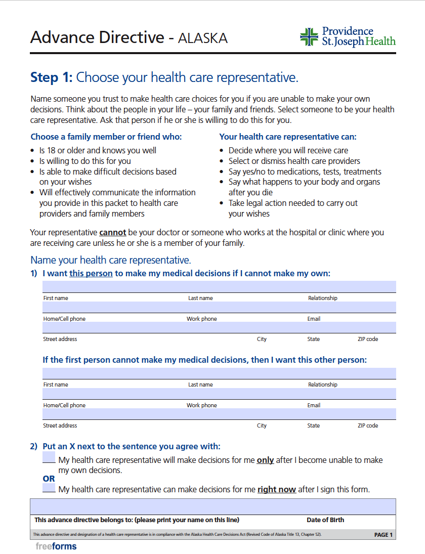 Free Alaska Advance Directive Form Medical POA Living Will 