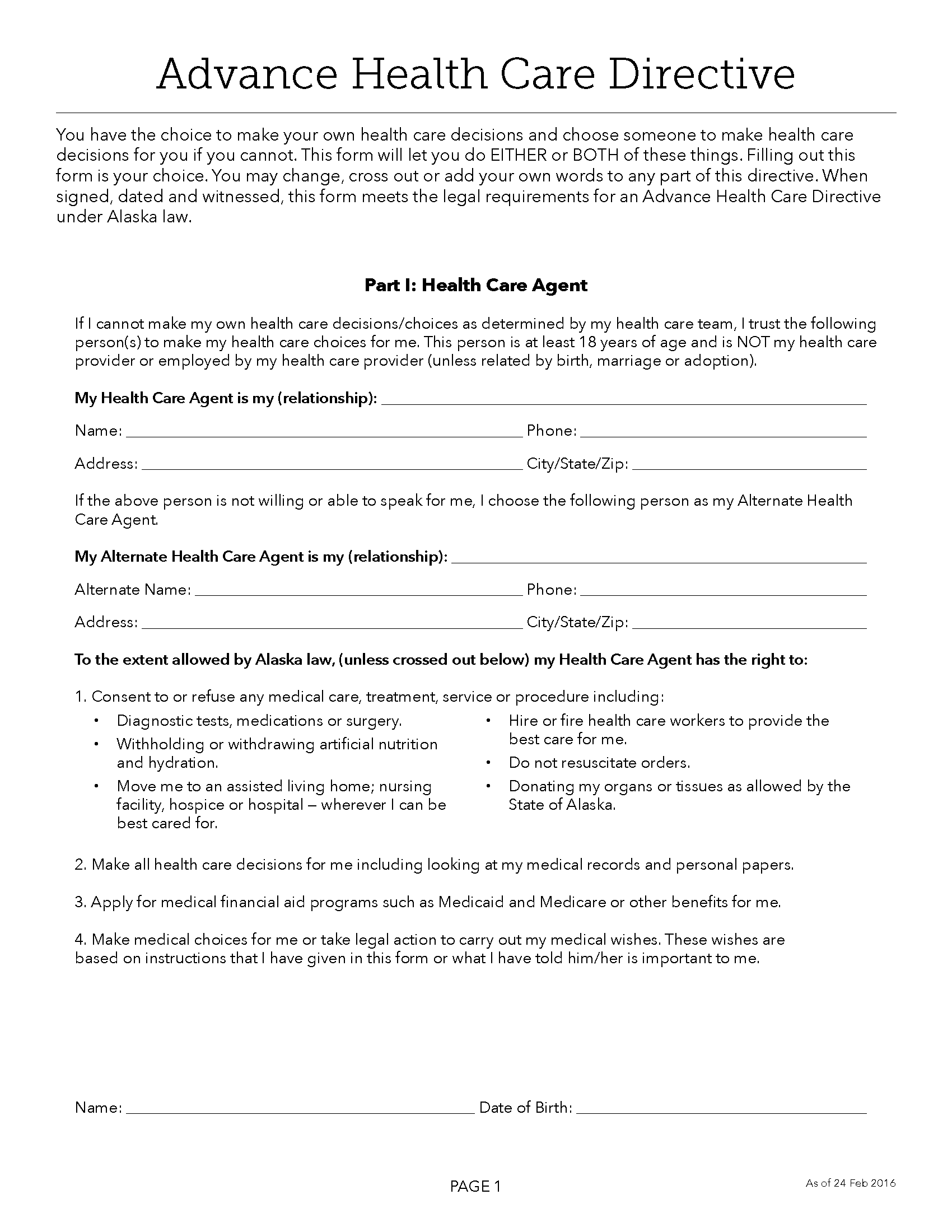 Free Alaska Advance Directive Form PDF