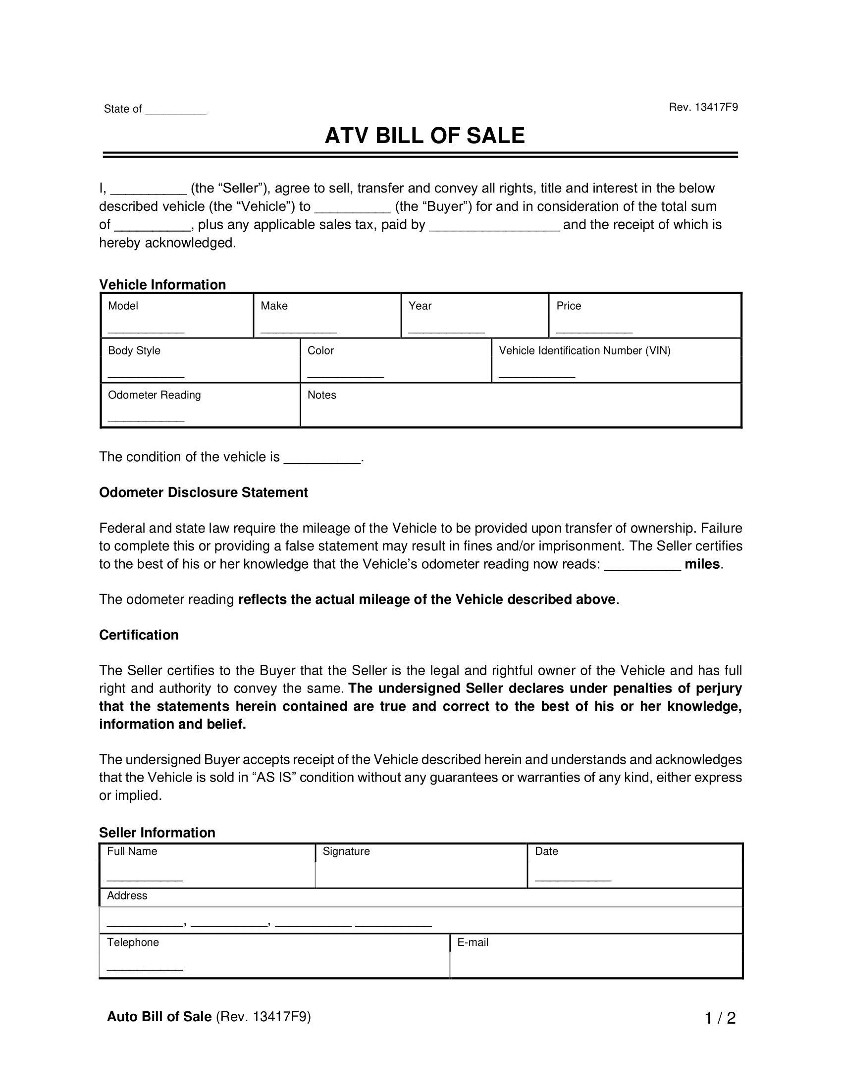 Free All Terrain Vehicle ATV Bill Of Sale Form PDF U0026 Word