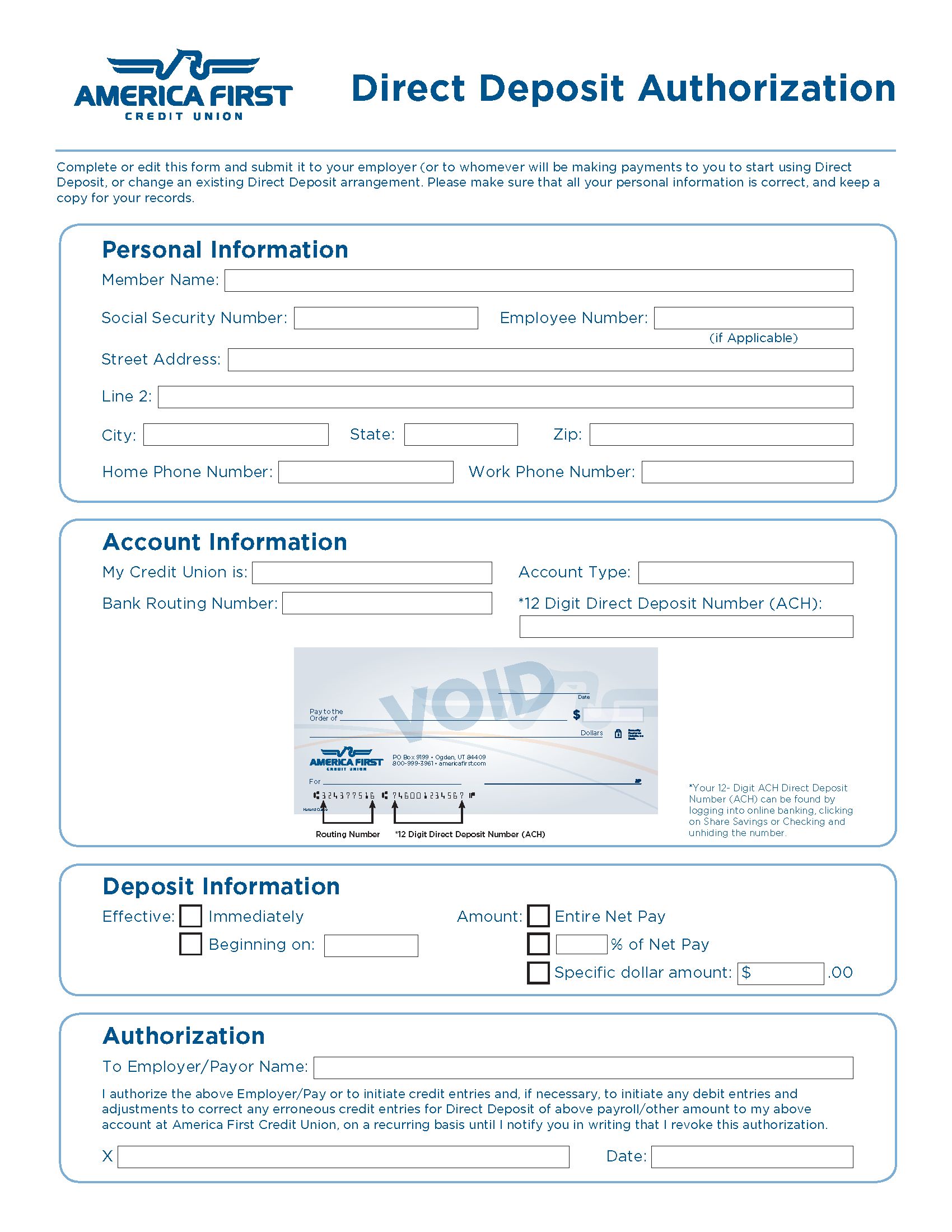 Free America First Credit Union Direct Deposit Form PDF