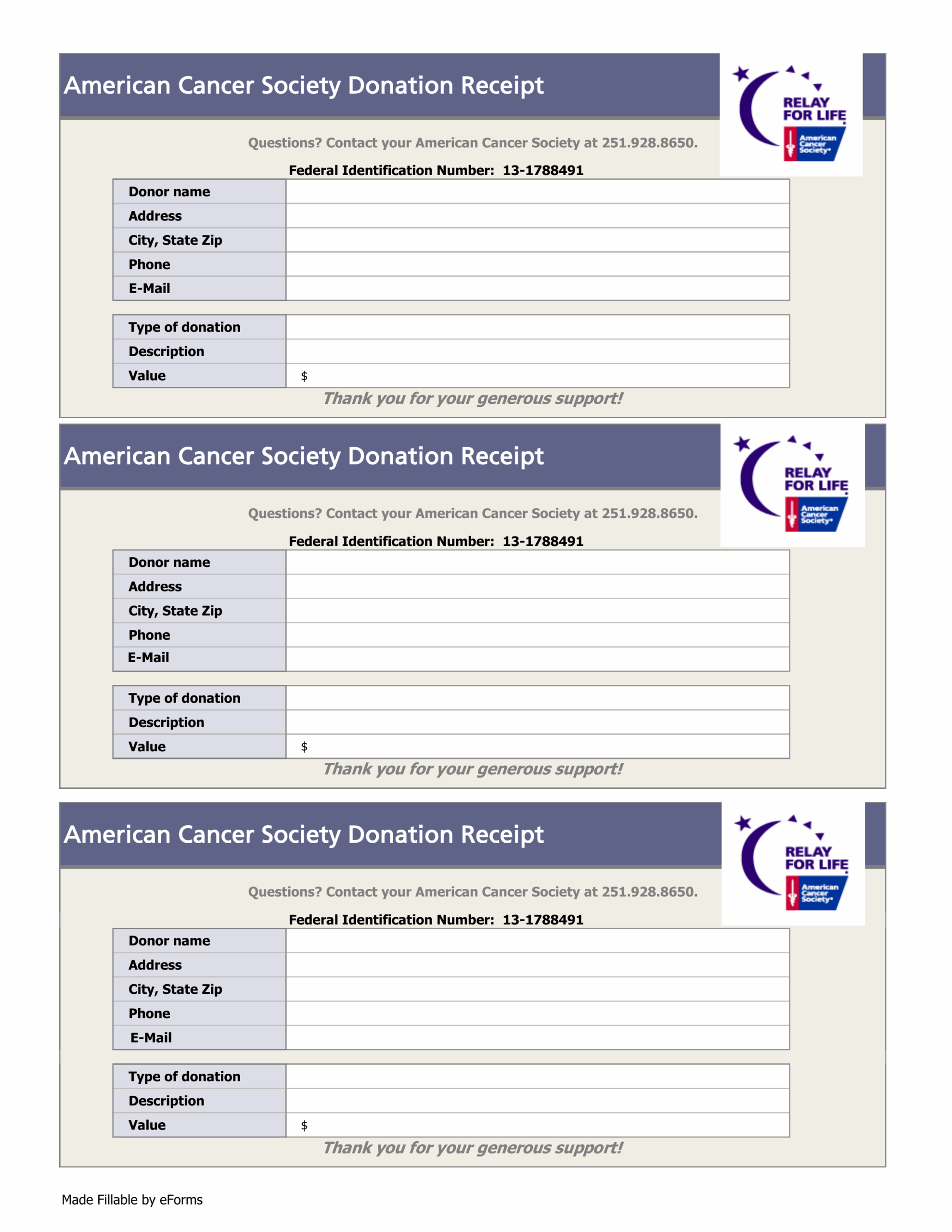 Free American Cancer Society Donation Receipt Template PDF EForms