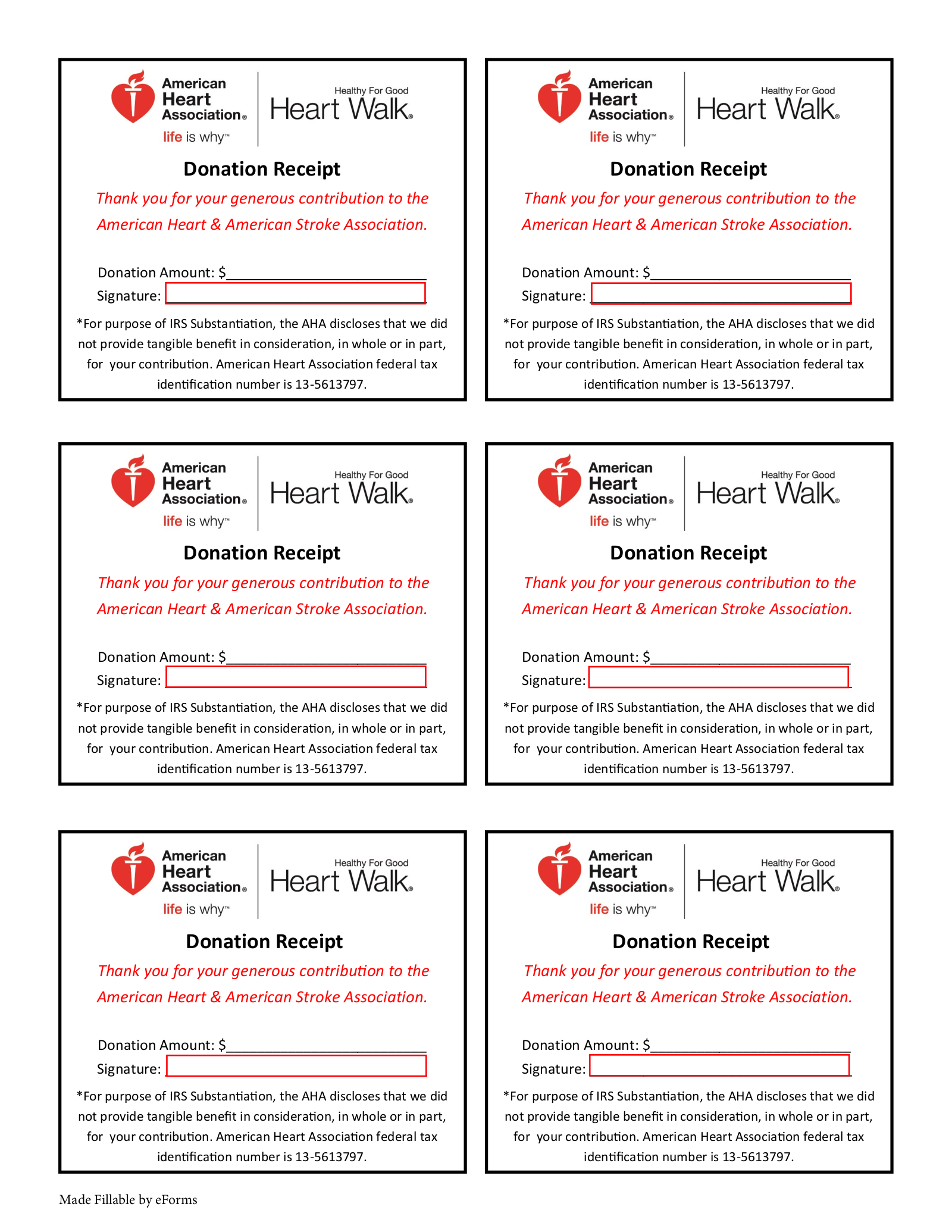 Free American Heart Assoc Donation Receipt Template PDF EForms