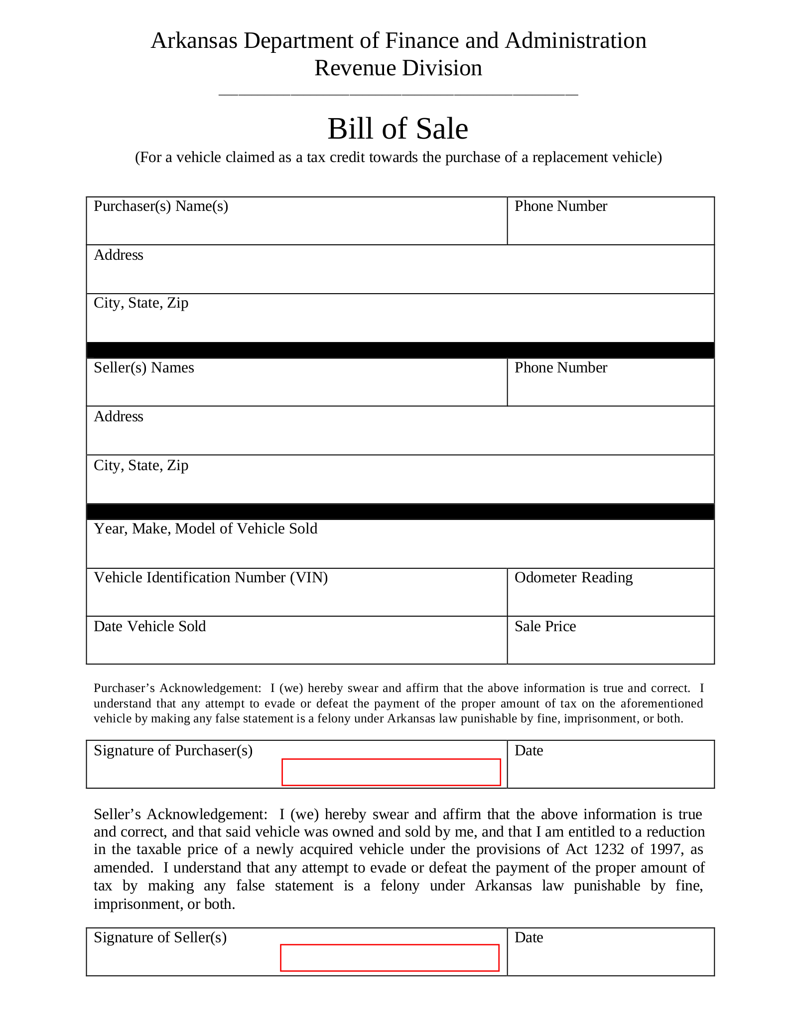 Free Arkansas Tax Credit For Replacement Vehicle Bill Of Sale PDF EForms