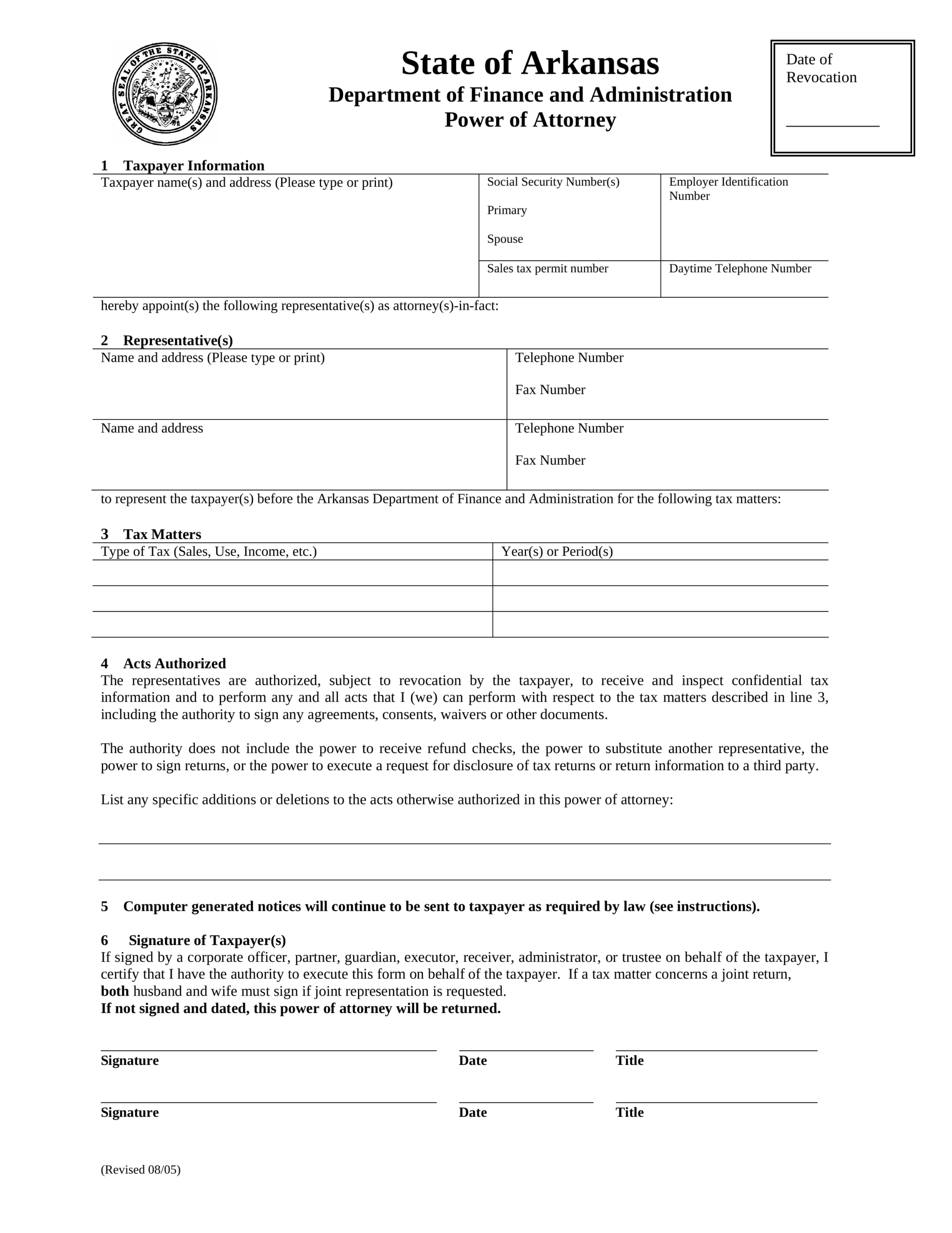 Free Arkansas Tax Power Of Attorney Form PDF EForms