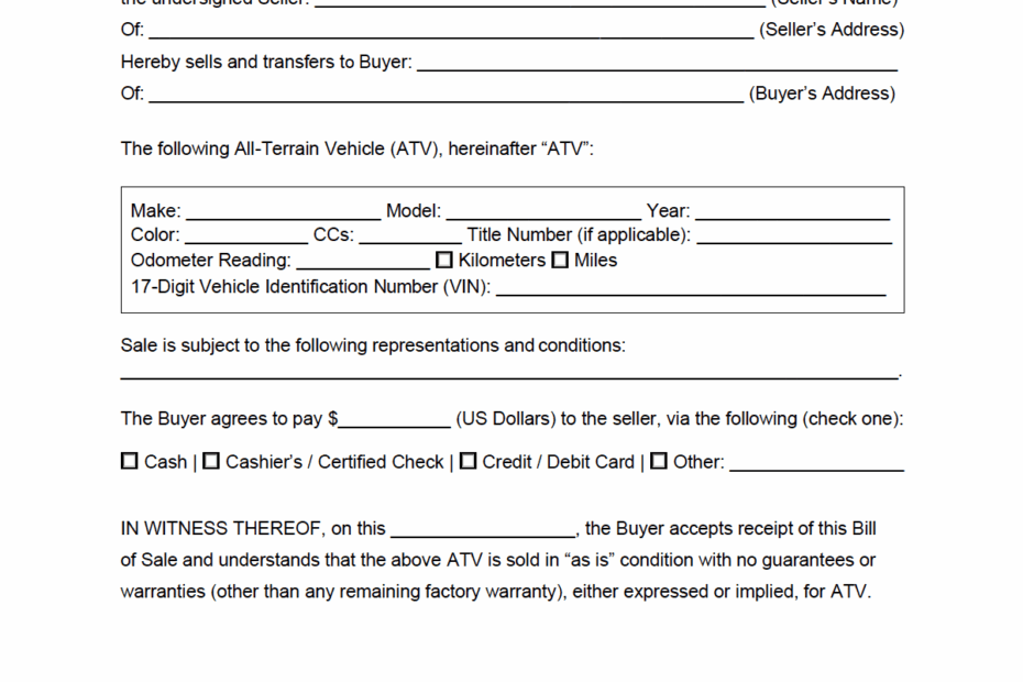 Free ATV Bill Of Sale Form PDF Word