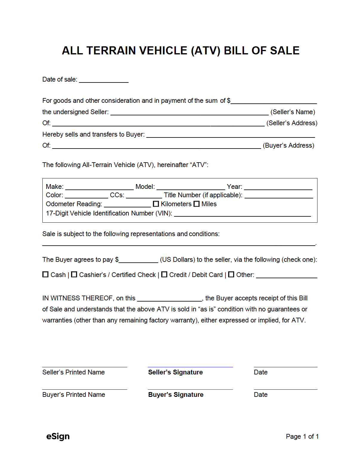 Free ATV Bill Of Sale Form PDF Word