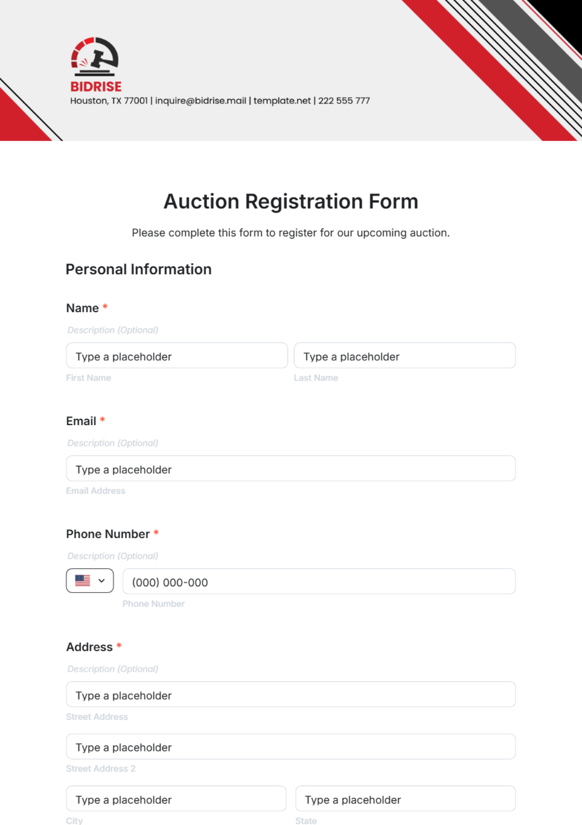 Free Auction Registration Form Template To Edit Online
