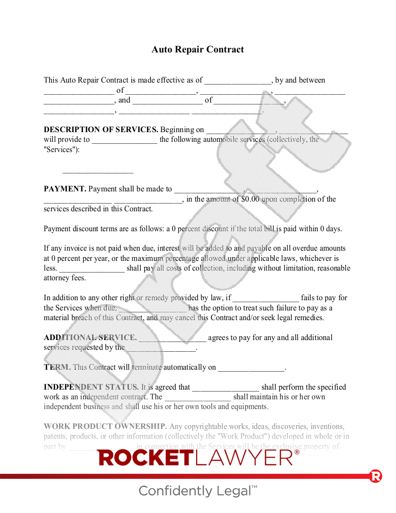 Free Auto Repair Contract Free To Print Save U0026 Download