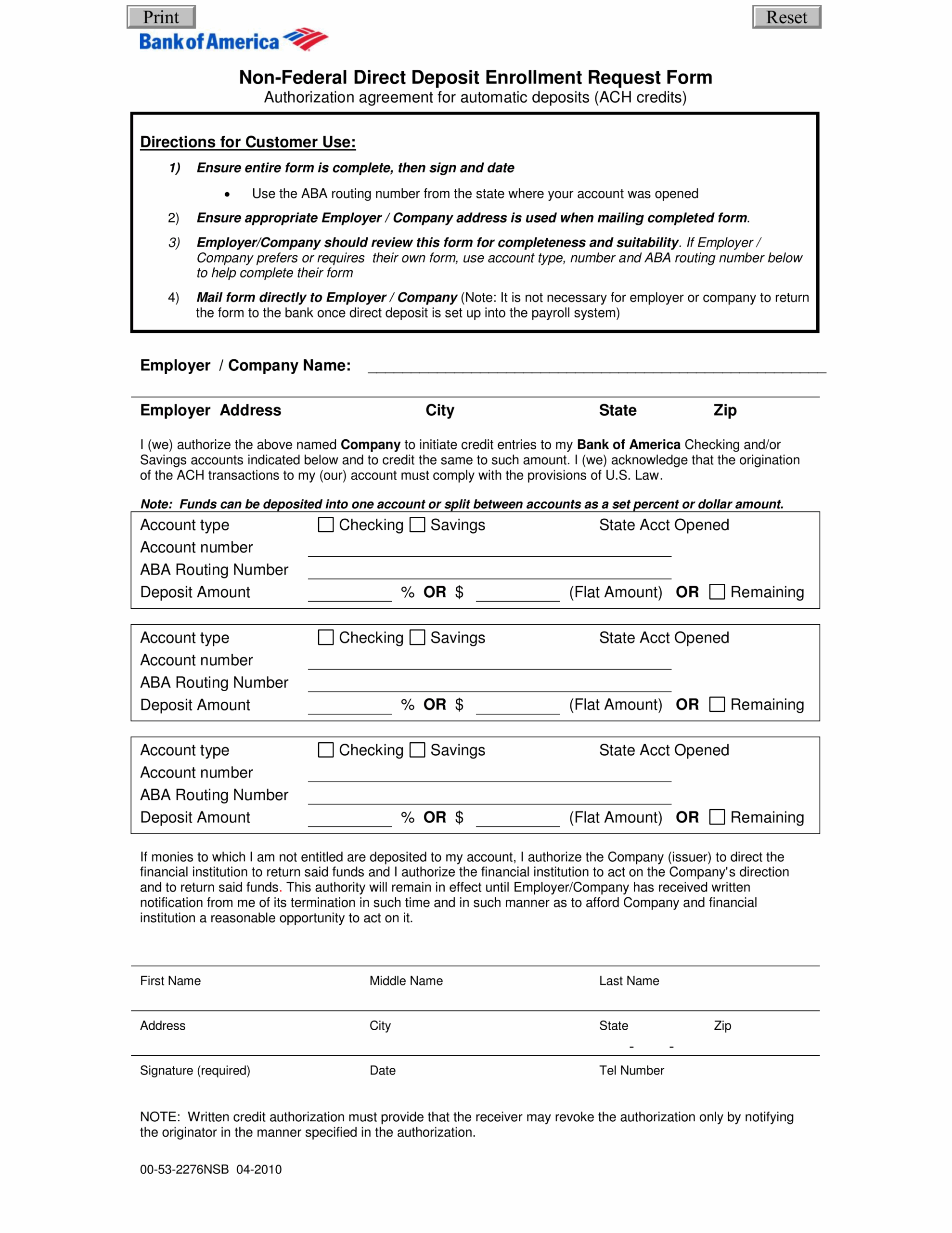 Free Bank Of America Direct Deposit Form PDF EForms