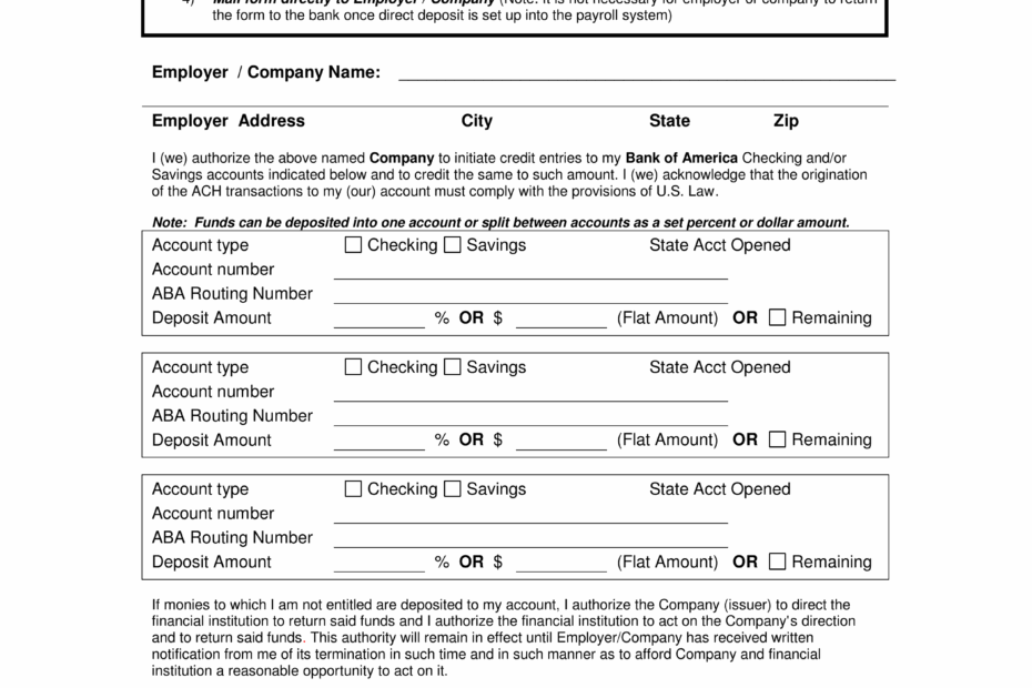 Free Bank Of America Direct Deposit Form PDF EForms