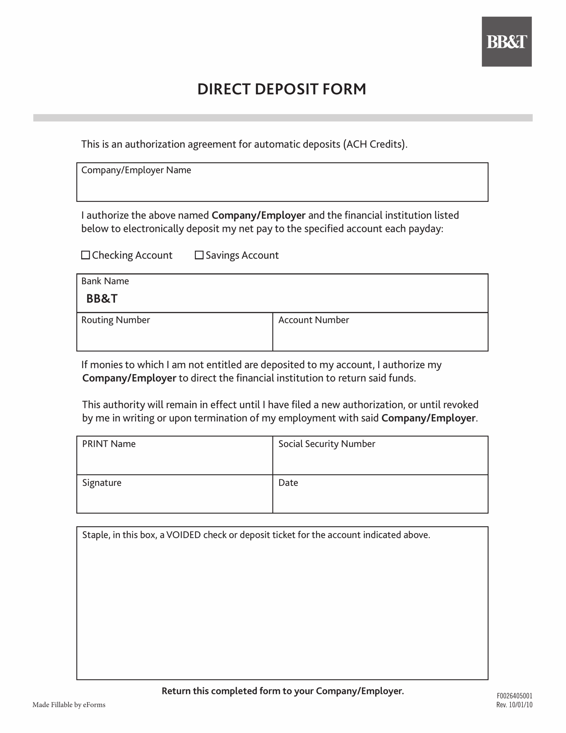 Free BBu0026T Direct Deposit Authorization Form PDF EForms