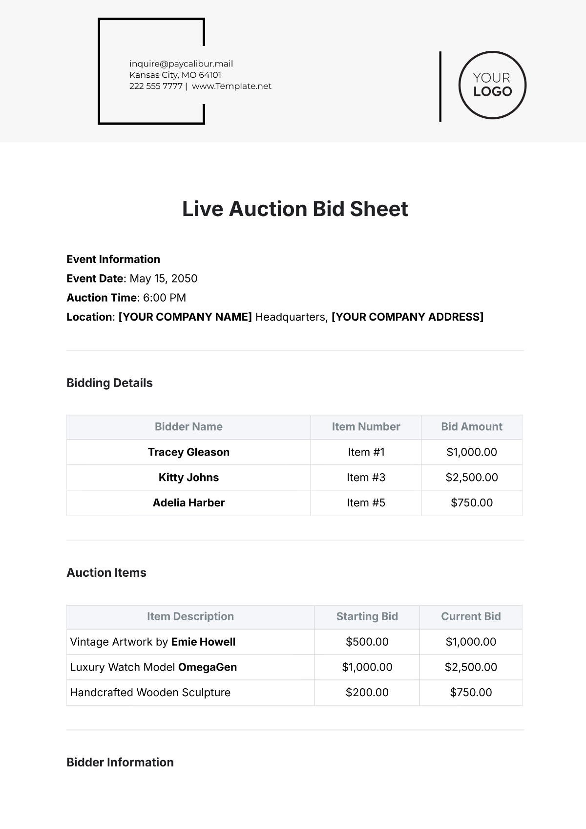 Free Bid Sheet Templates Editable And Printable