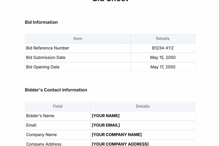 Free Bid Sheet Templates Editable And Printable