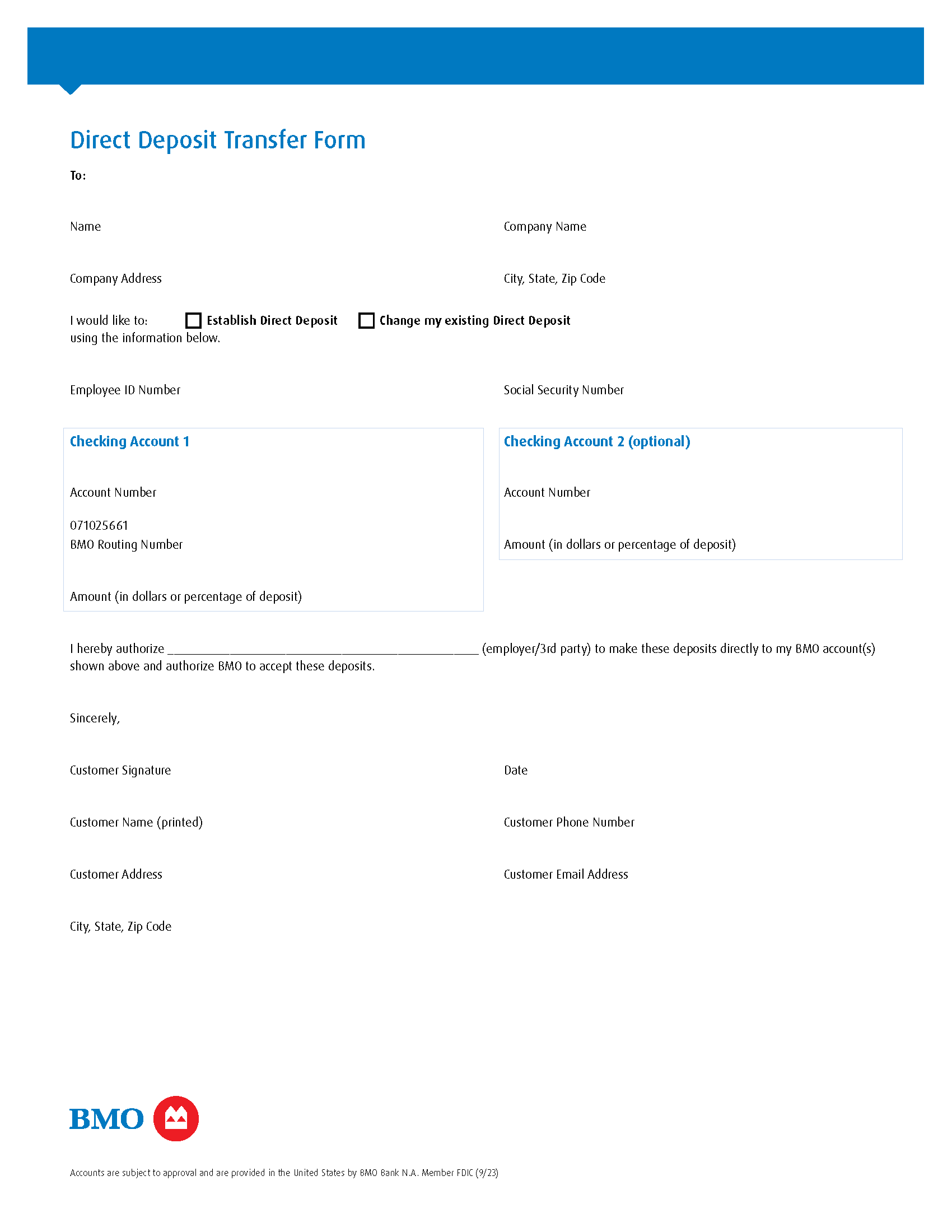 Free BMO Bank Of Montreal Direct Deposit Form PDF