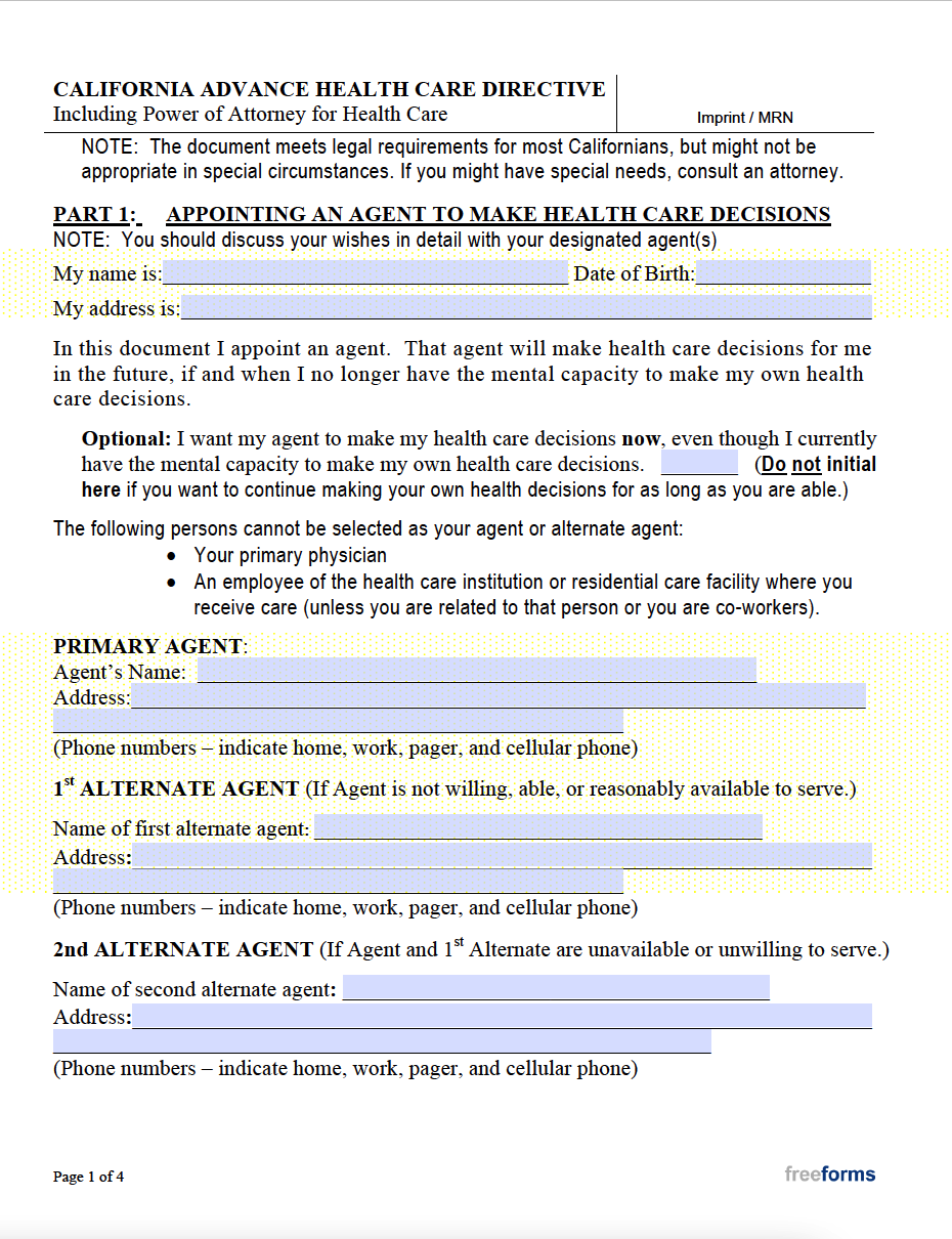 Free California Advance Directive Form Medical POA U0026 Living Will 