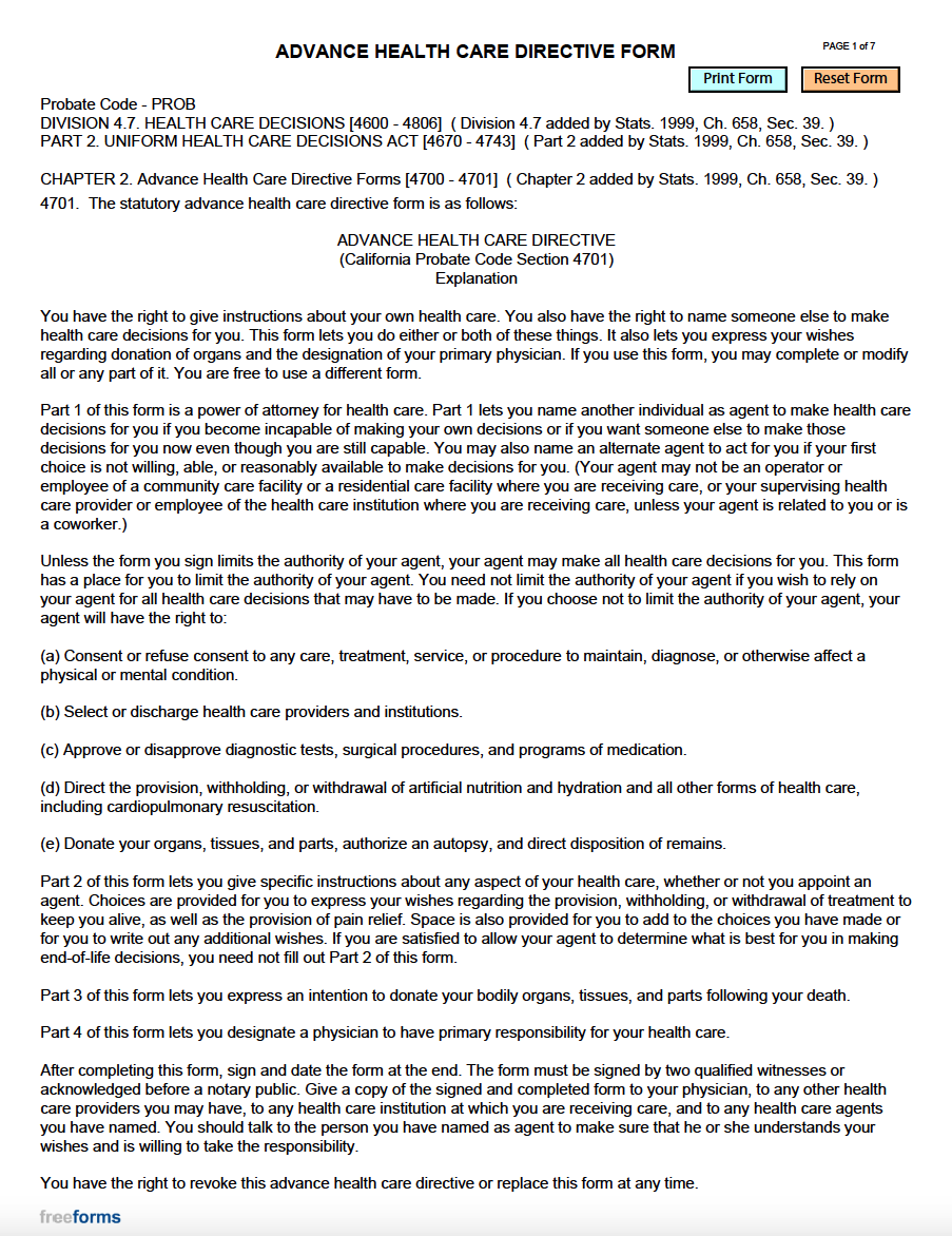 Free California Advance Directive Form Medical POA U0026 Living Will 