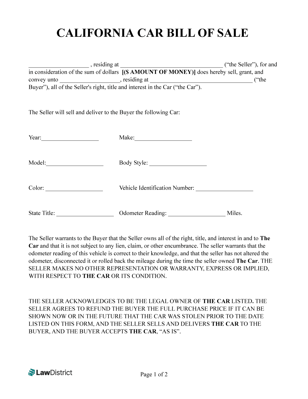 Free California Bill Of Sale DMV Forms U0026 Gun LawDistrict