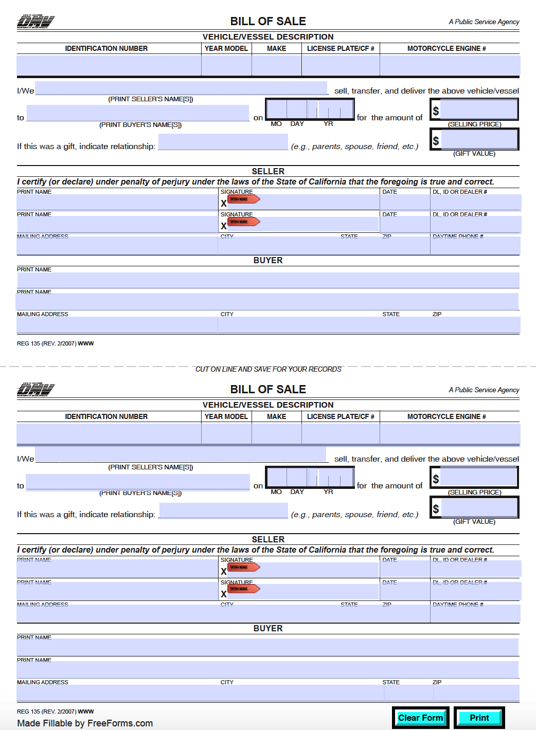 Free California Bill Of Sale Forms PDF