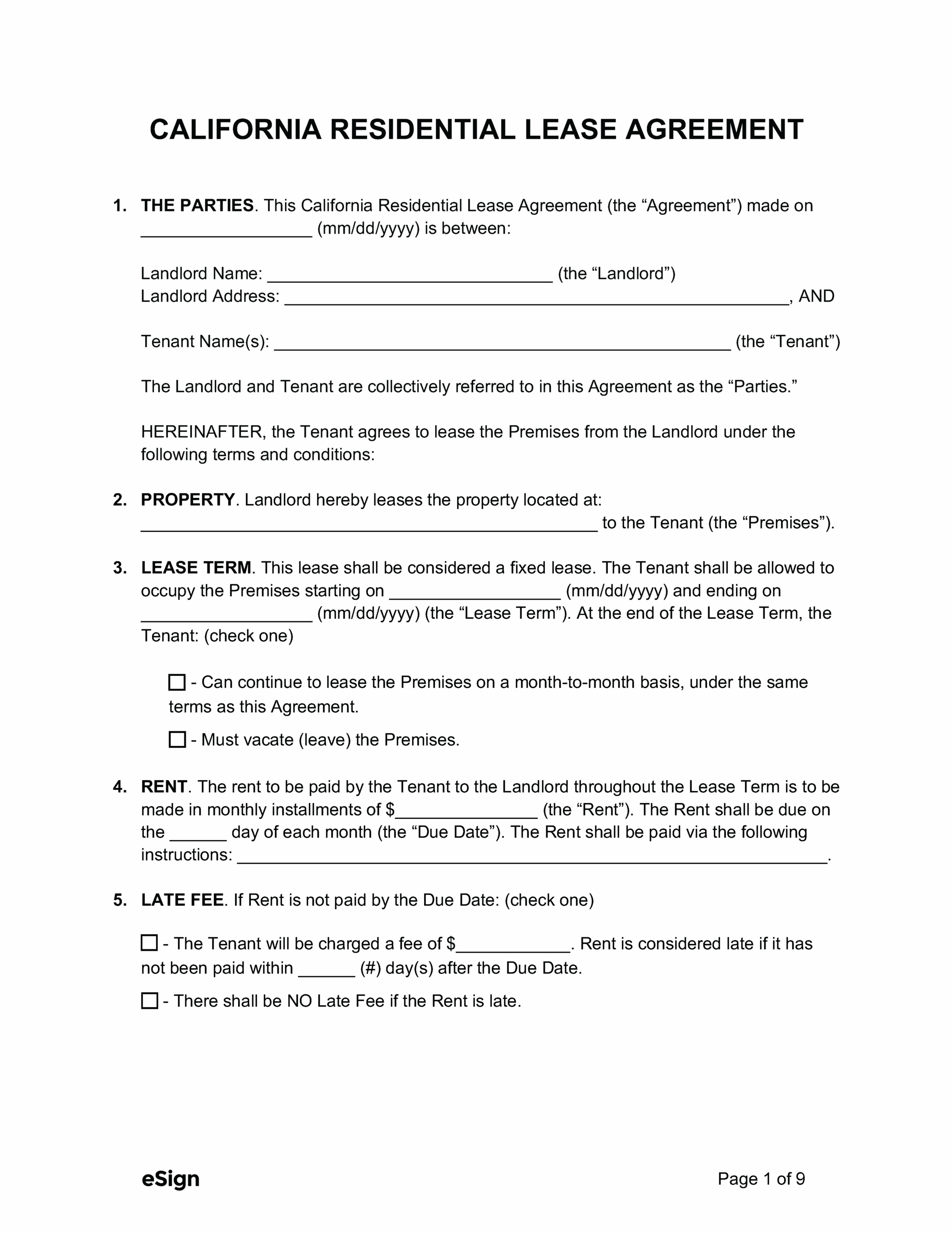 Free California Rental Lease Agreement Templates 6 PDF