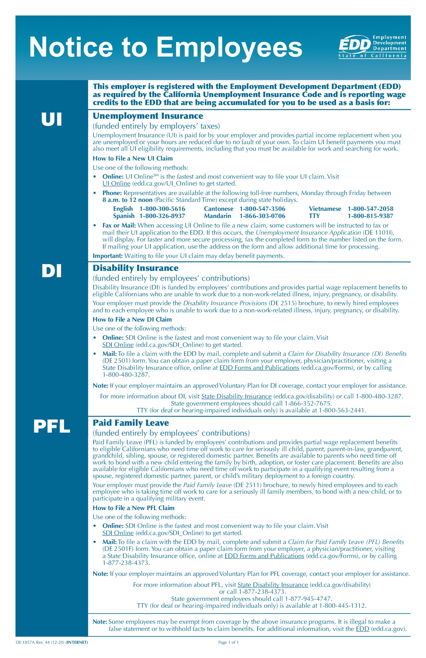 Free California UI DI And PFL Employee Notice Labor Law Poster 2025