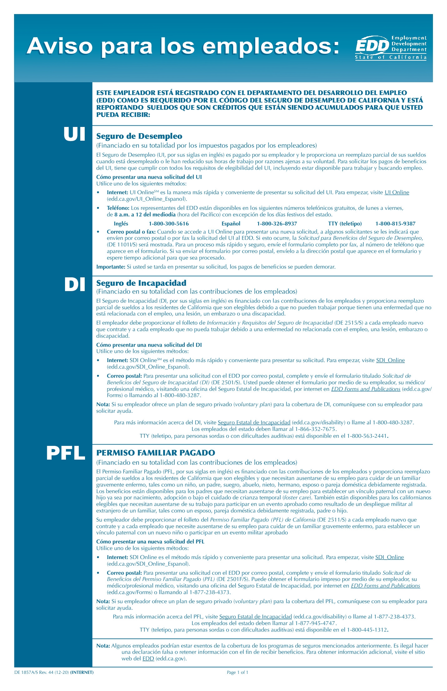 Free California UI DI And PFL Employee Notice Spanish Labor Free California UI DI And PFL Employee Notice Spanish Labor