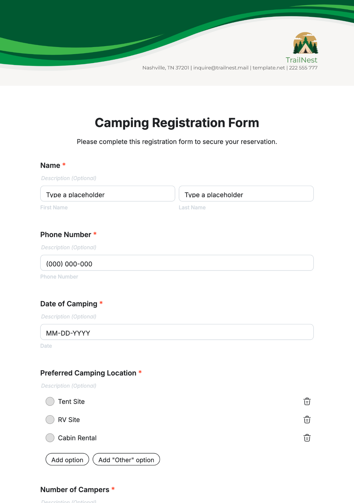 Free Camping Registration Form Template To Edit Online