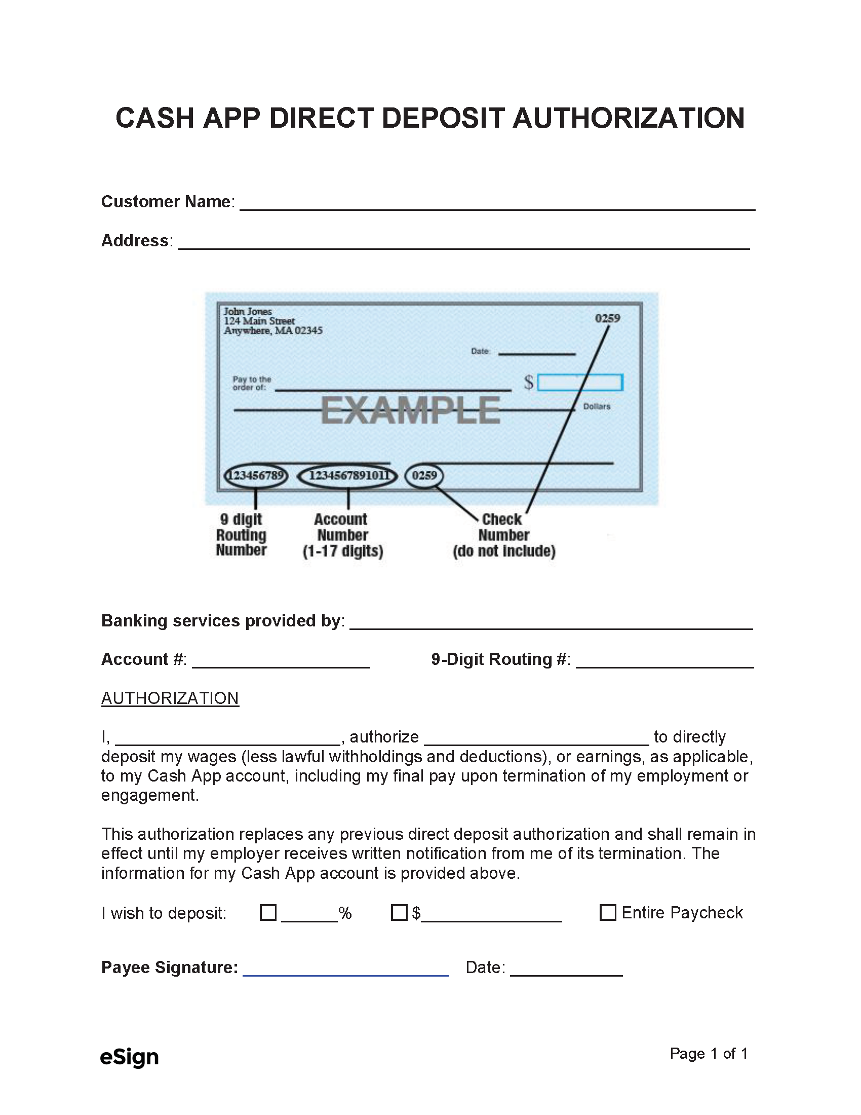 Free Cash App Direct Deposit Authorization Form PDF Word
