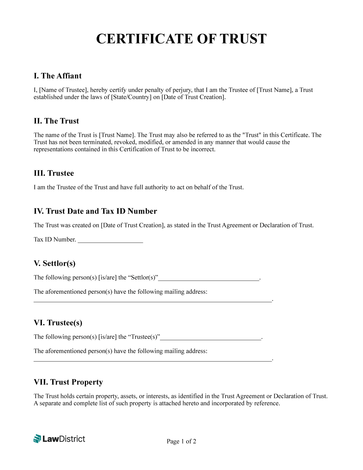 Free Certificate Of Trust Form Sample U0026 PDF LawDistrict