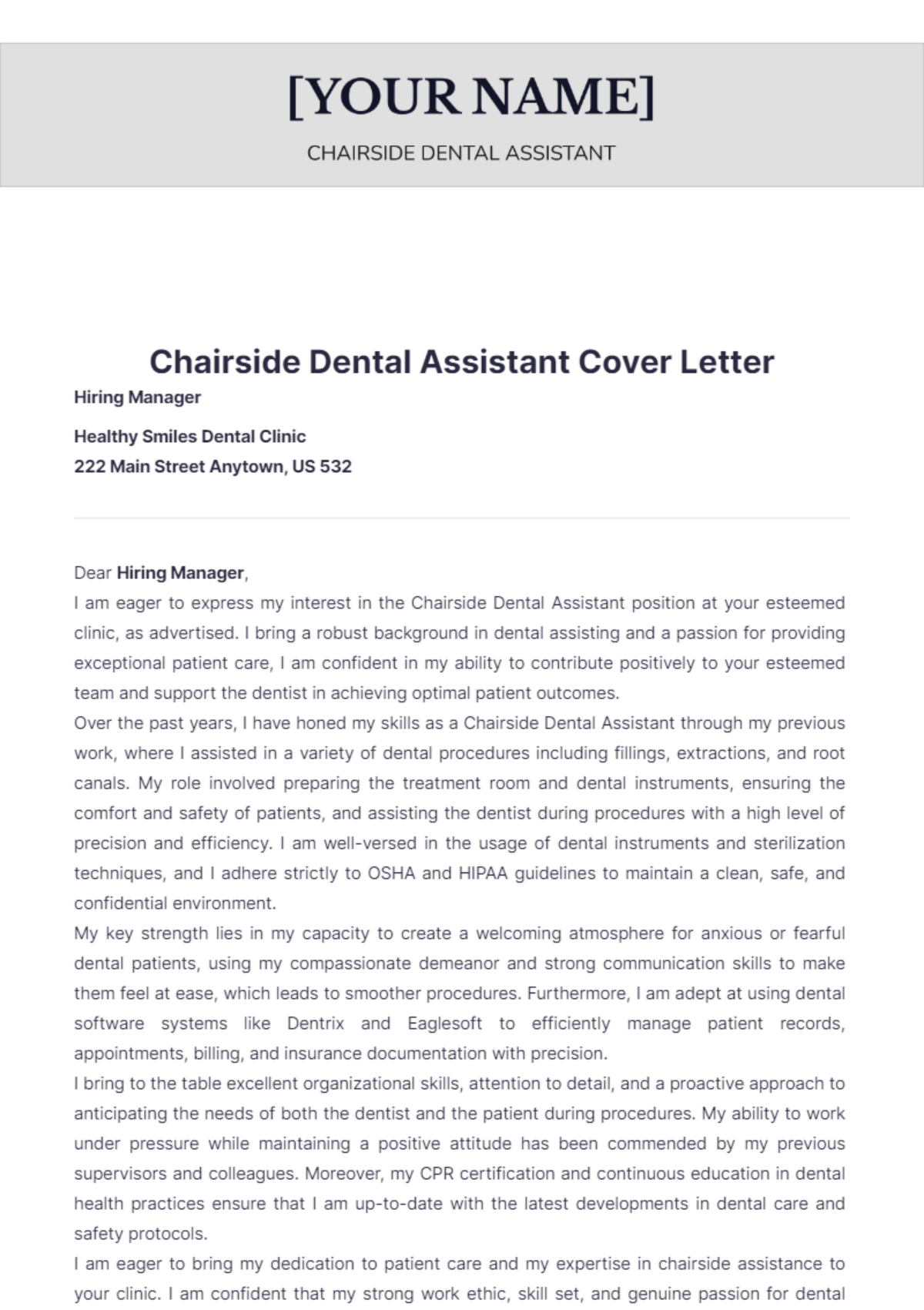 Free Chairside Dental Assistant Cover Letter Template To Edit Online