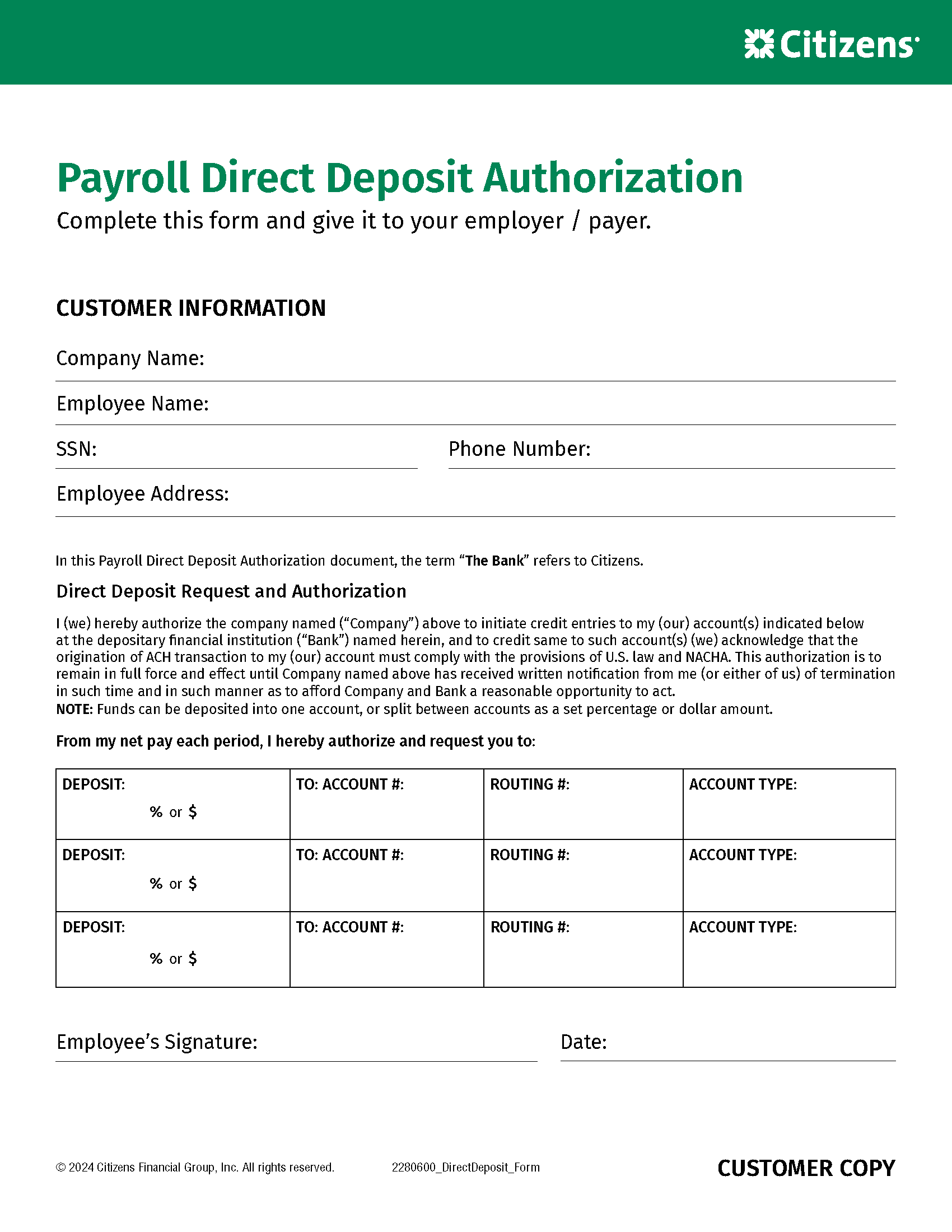 Free Citizens Bank Direct Deposit Authorization Form PDF