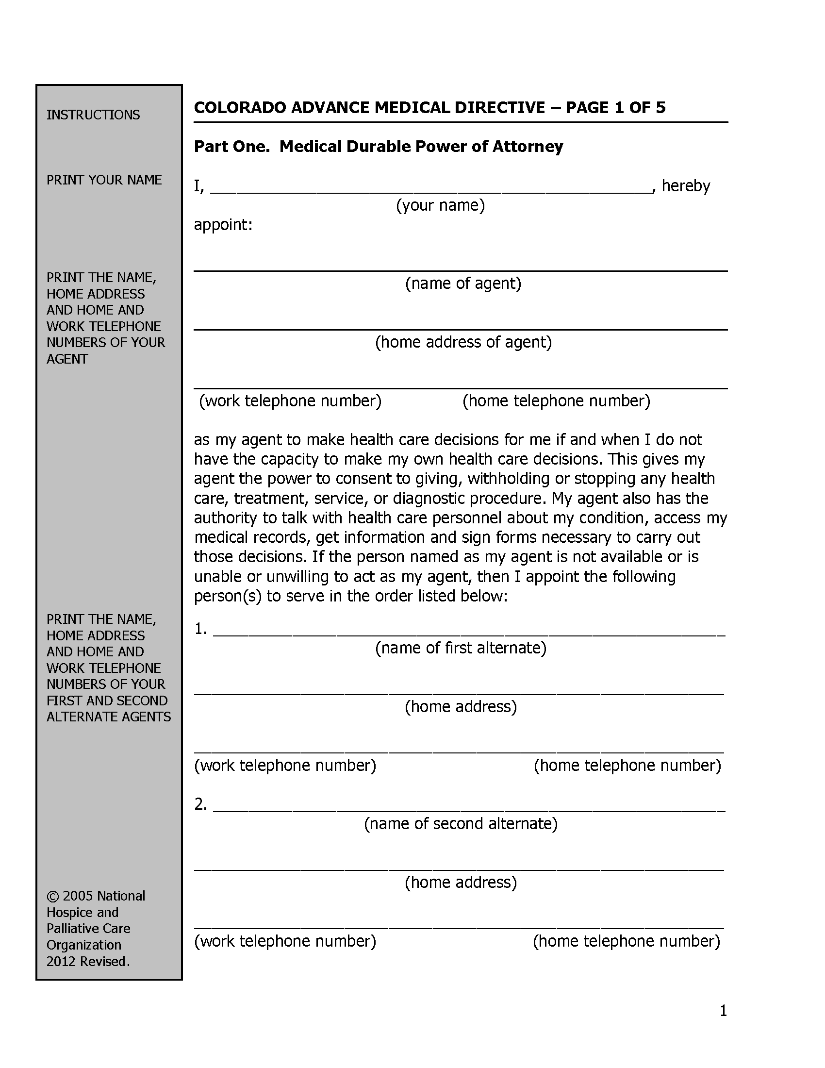 Free Colorado Advance Directive Form PDF