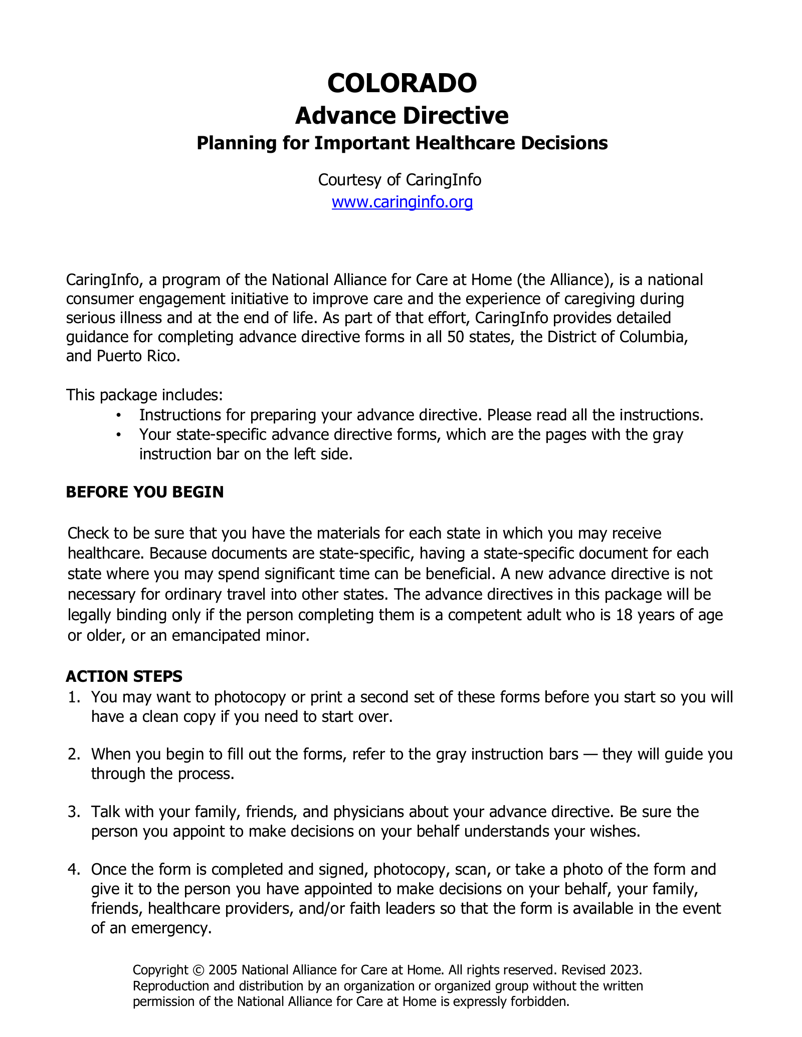 Free Colorado Advance Directive Form PDF EForms