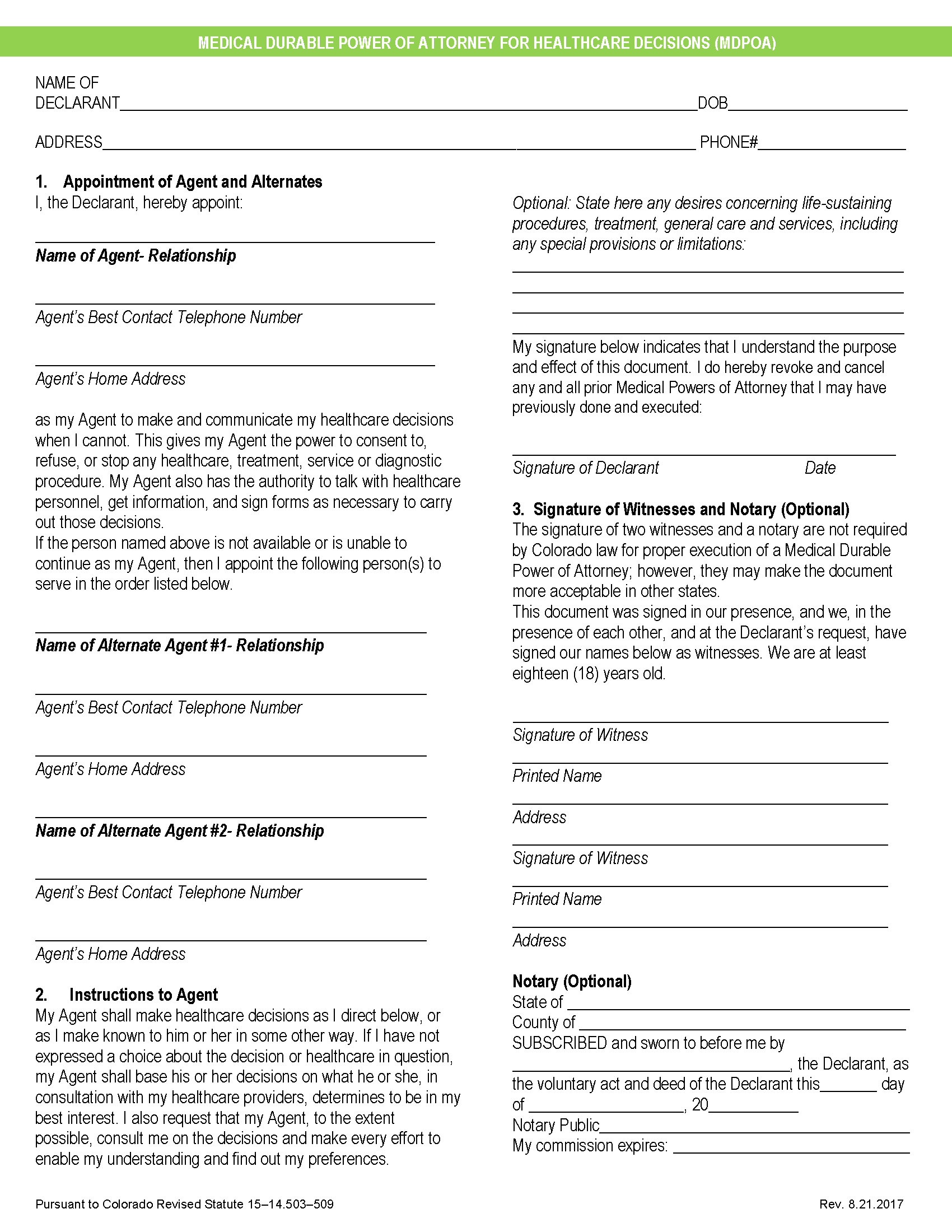 Free Colorado Advance Directive Form PDF