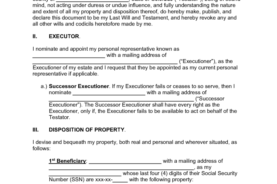 Free Colorado Last Will And Testament Form PDF WORD ODT