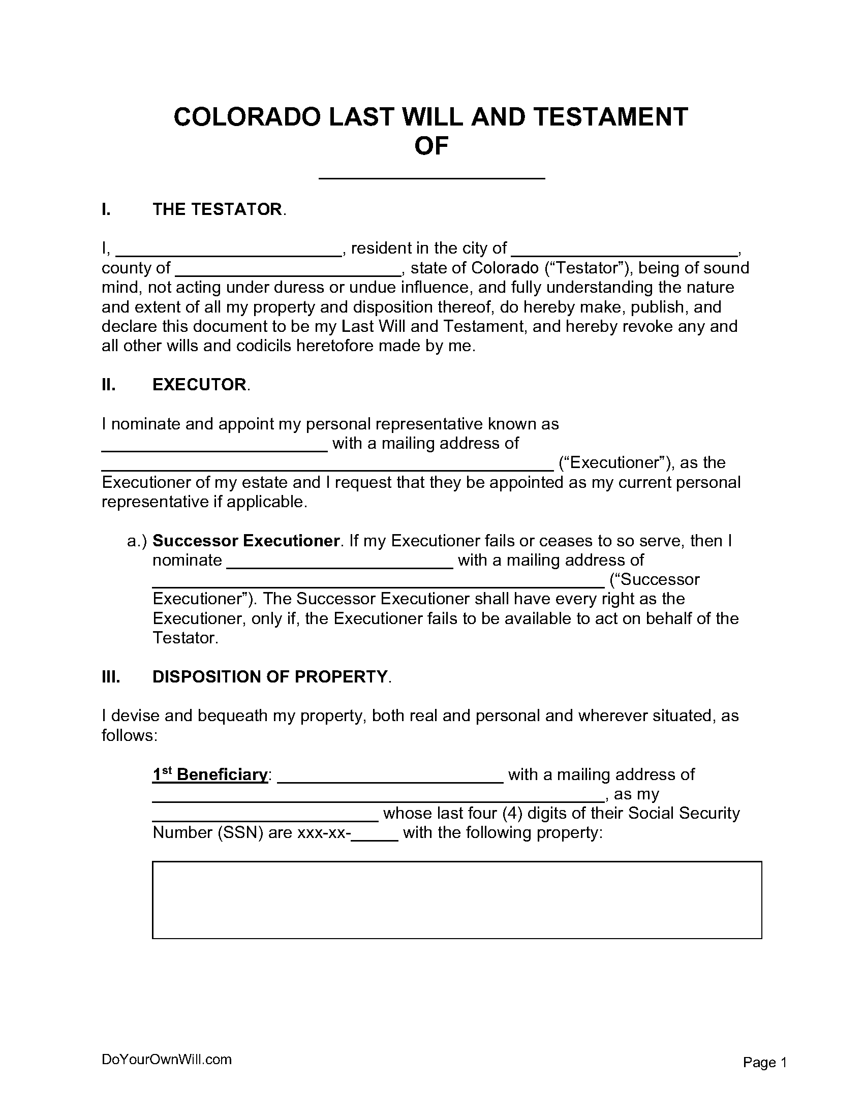 Free Colorado Last Will And Testament Form PDF WORD ODT